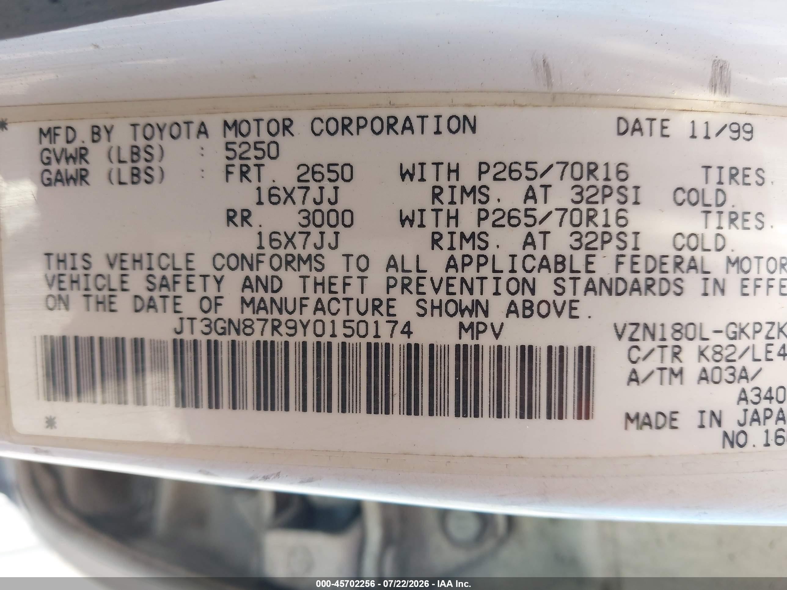 2000 Toyota 4runner Limited V6 White vin: JT3GN87R9Y0150174