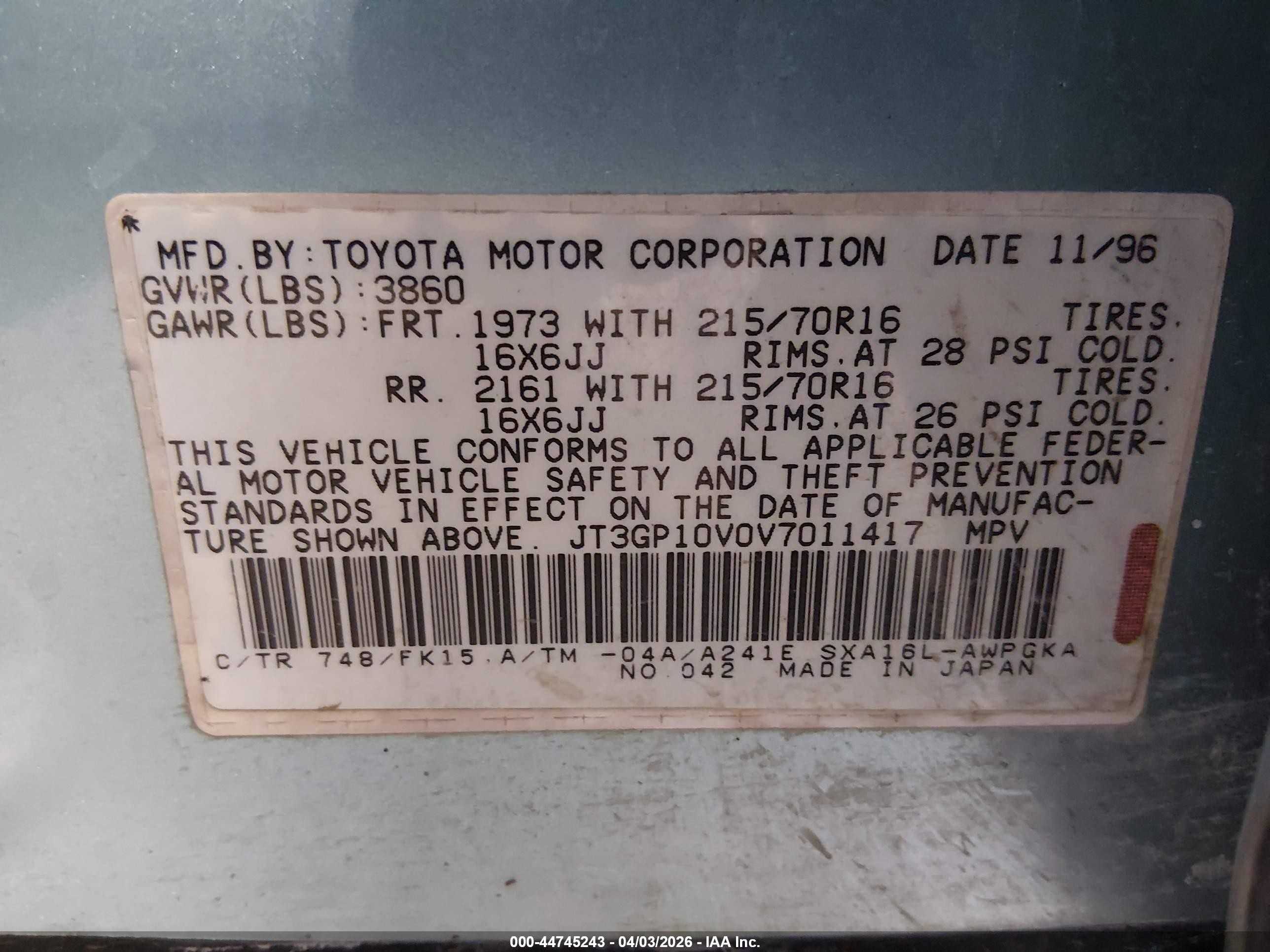 1997 Toyota Rav4   Turquoise vin: JT3GP10V0V7011417