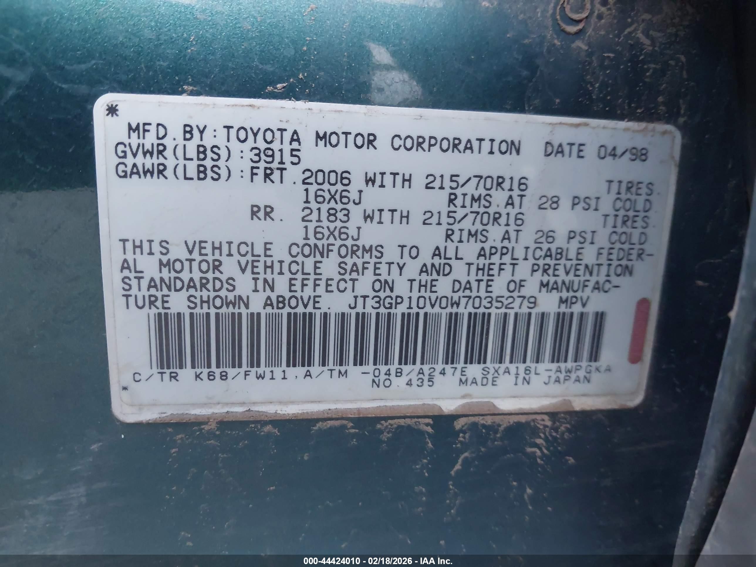 1998 Toyota Rav4   Green vin: JT3GP10V0W7035279