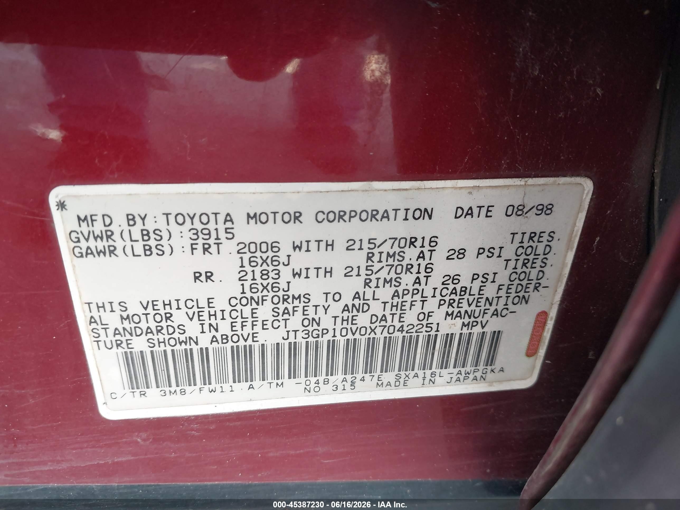 1999 Toyota Rav4   Red vin: JT3GP10V0X7042251