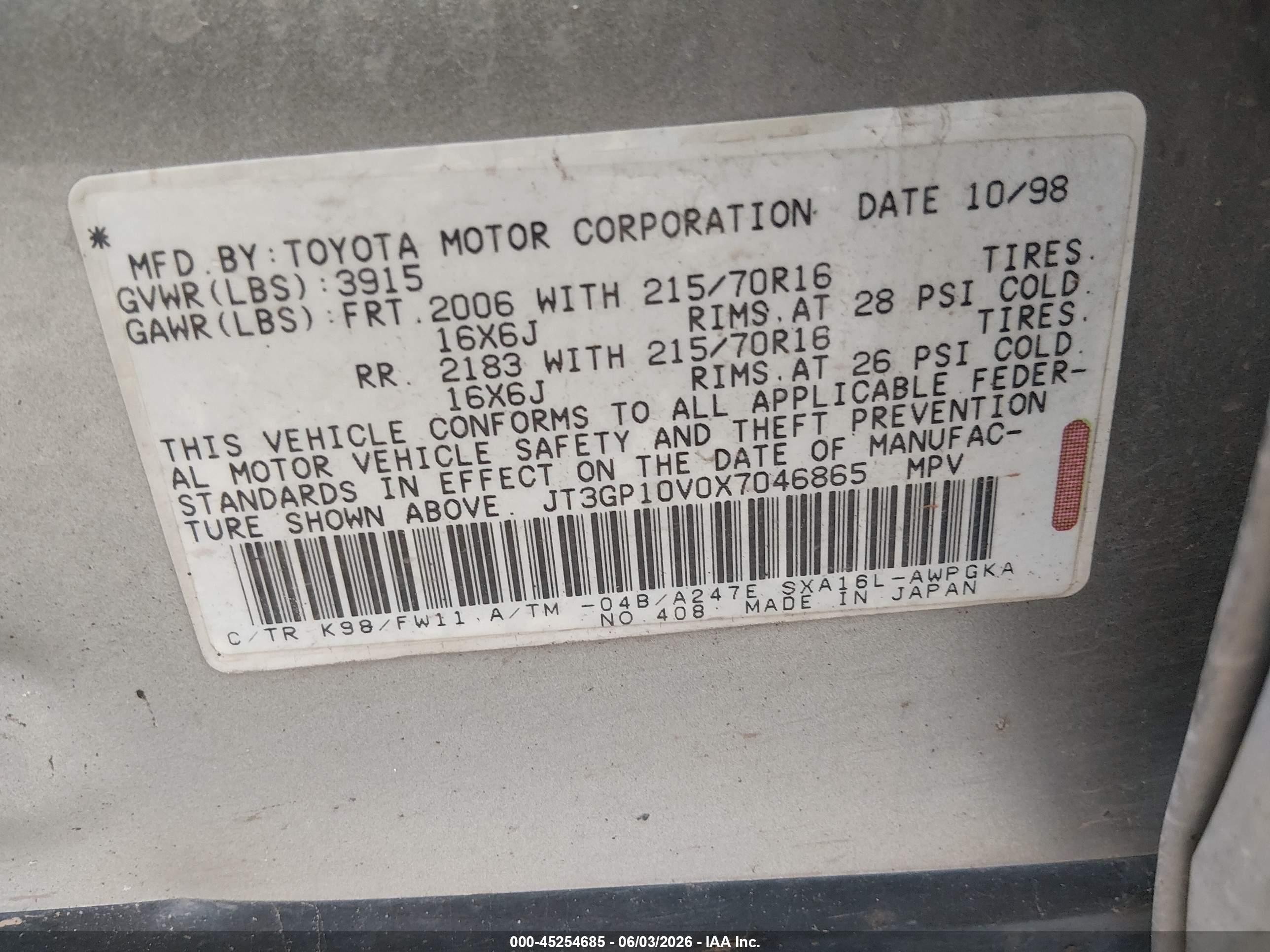 1999 Toyota Rav4   Gray vin: JT3GP10V0X7046865