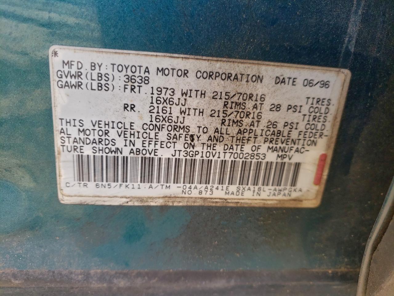 1996 Toyota Rav4 Teal vin: JT3GP10V1T7002853