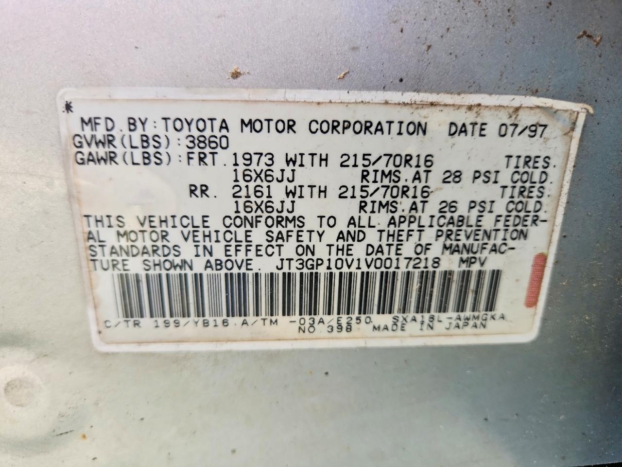 1997 Toyota Rav4 Base Silver vin: JT3GP10V1V0017218