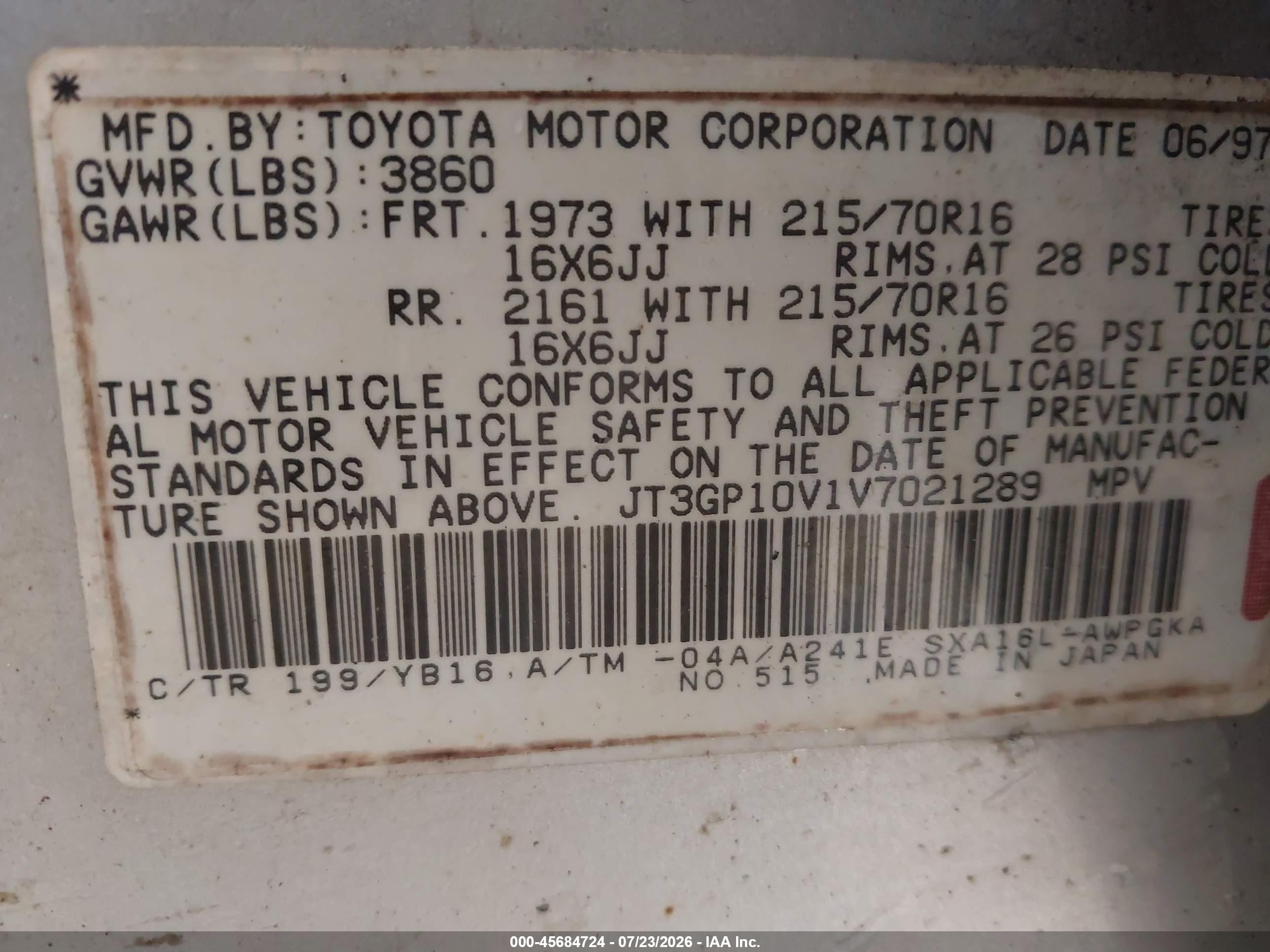 1997 Toyota Rav4   Silver vin: JT3GP10V1V7021289