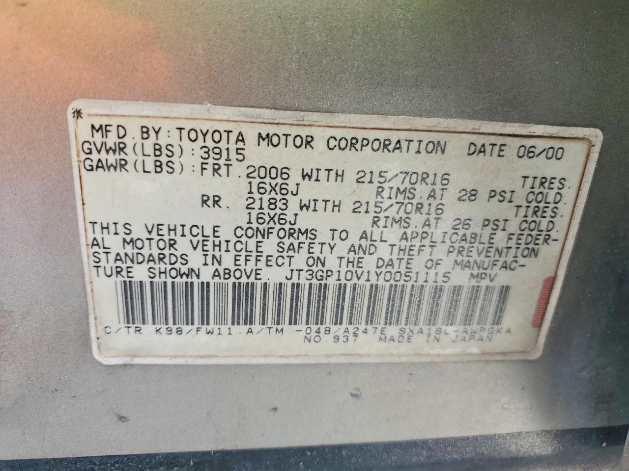 2000 Toyota Rav4 Base Silver vin: JT3GP10V1Y0051115