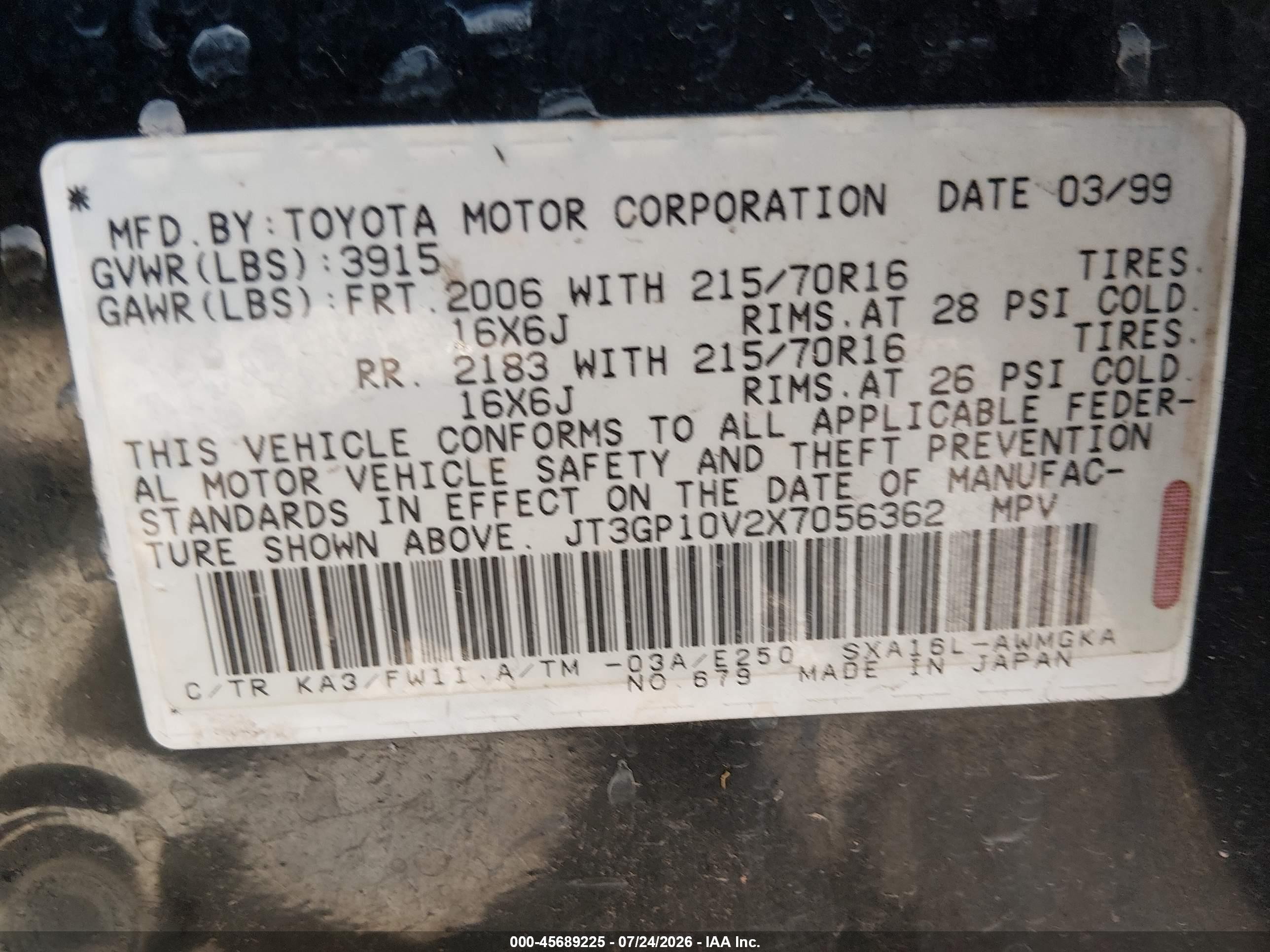 1999 Toyota Rav4   Black vin: JT3GP10V2X7056362