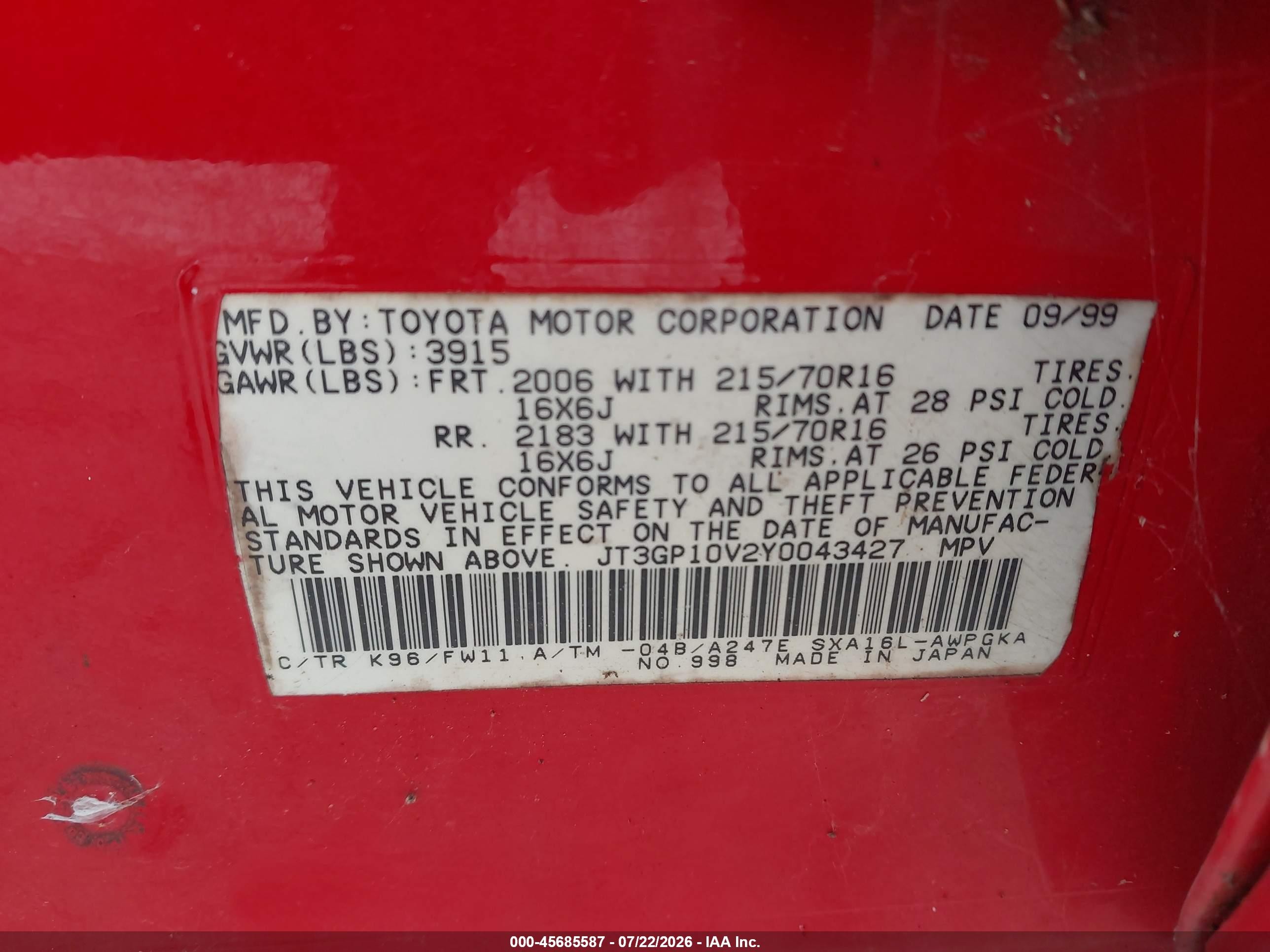 2000 Toyota Rav4   Red vin: JT3GP10V2Y0043427