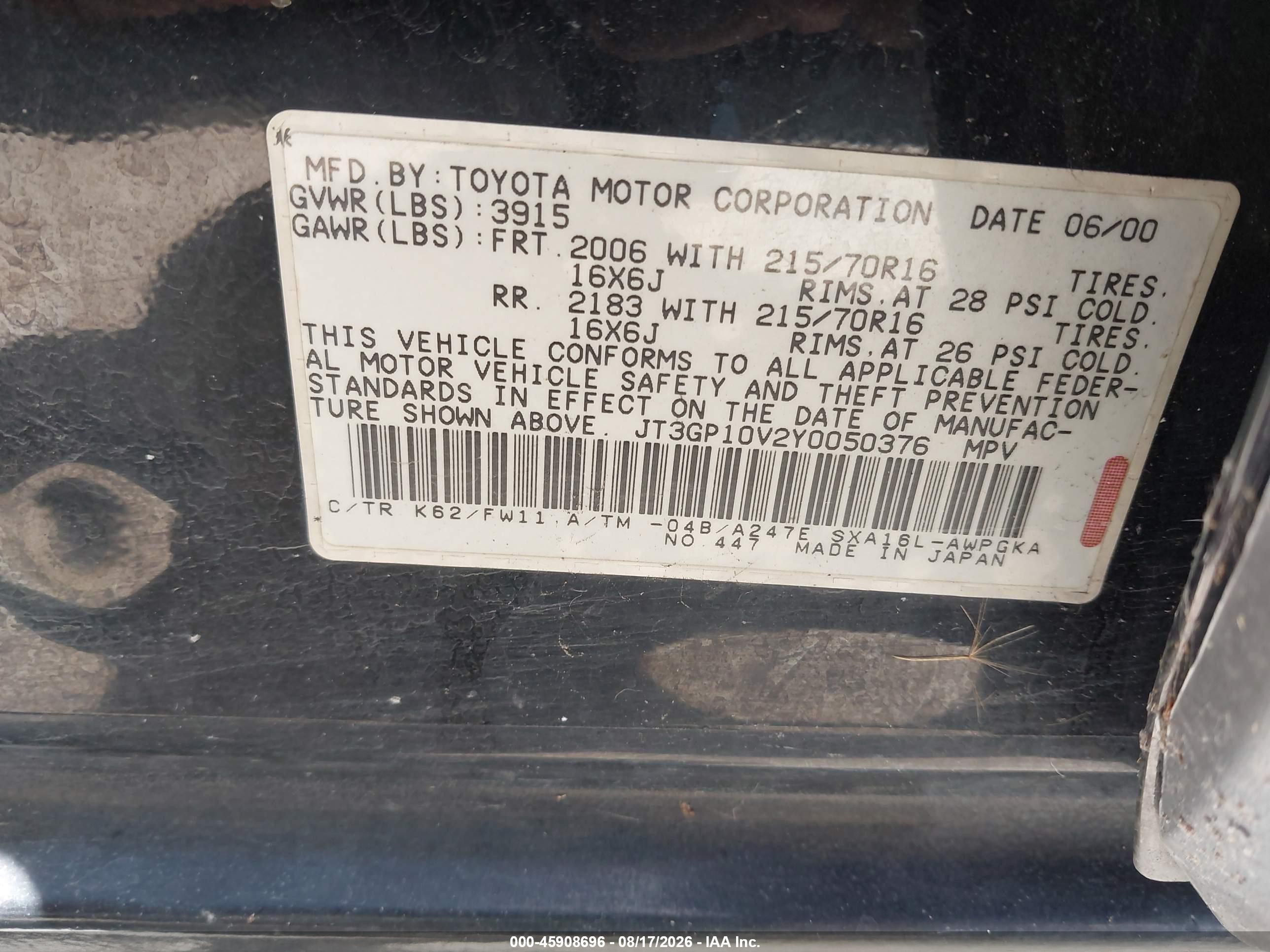 2000 Toyota Rav4   Black vin: JT3GP10V2Y0050376