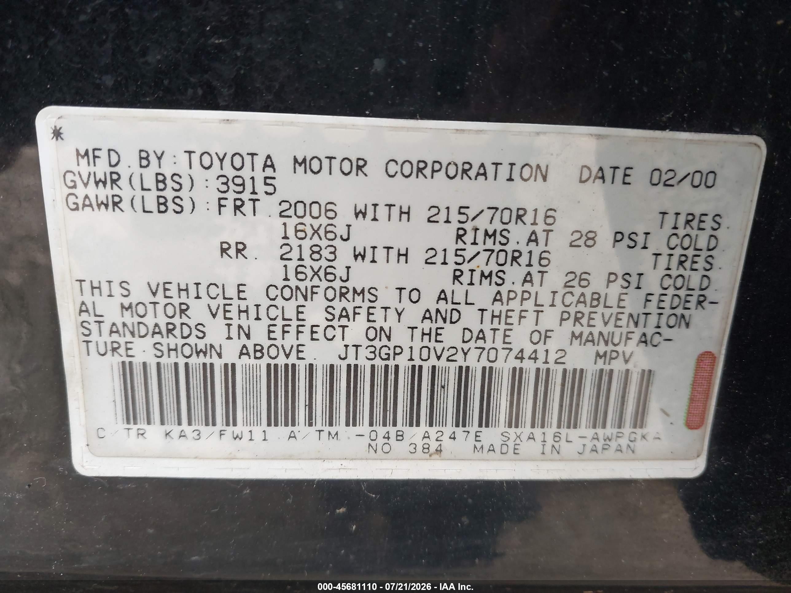 2000 Toyota Rav4   Black vin: JT3GP10V2Y7074412