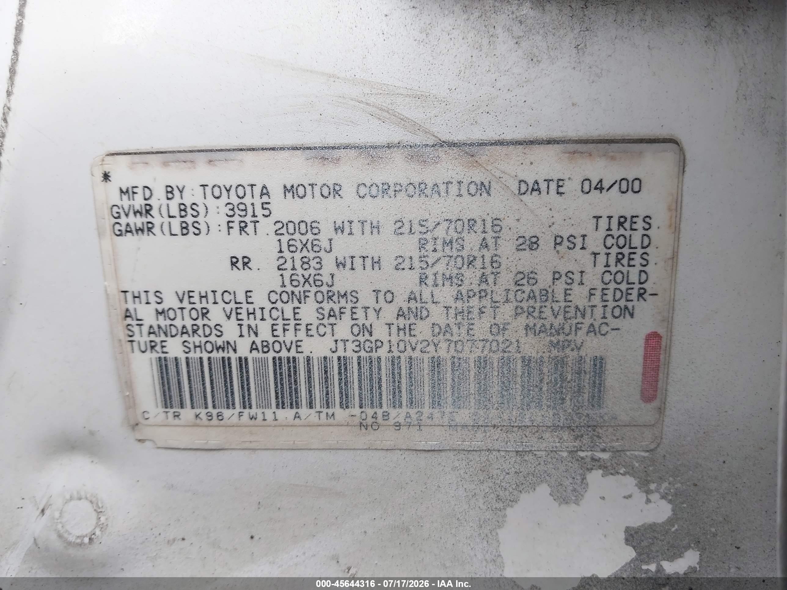 2000 Toyota Rav4   White vin: JT3GP10V2Y7077021