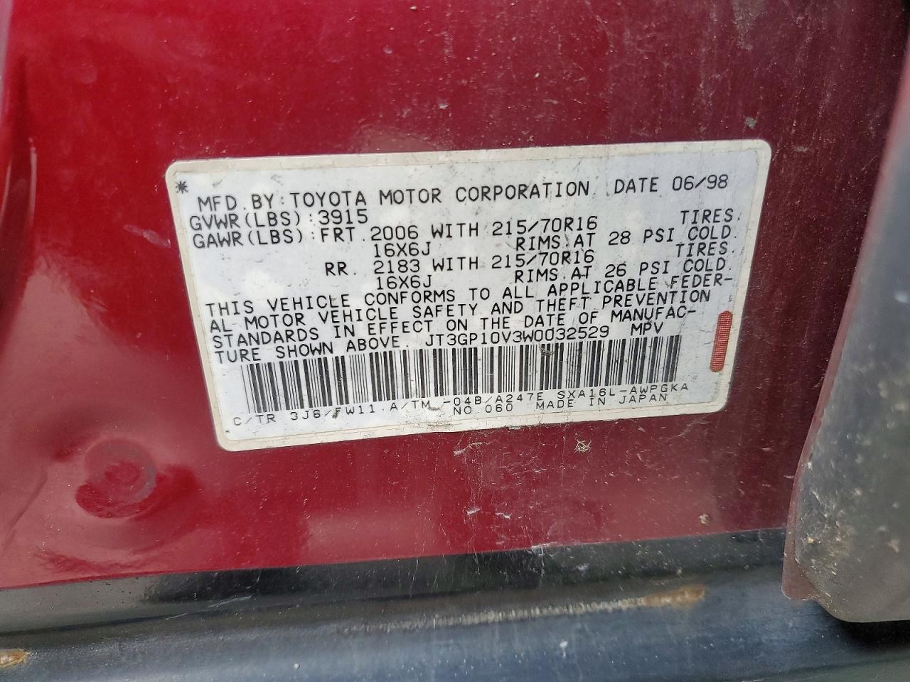 1998 Toyota Rav4 Base Red vin: JT3GP10V3W0032529