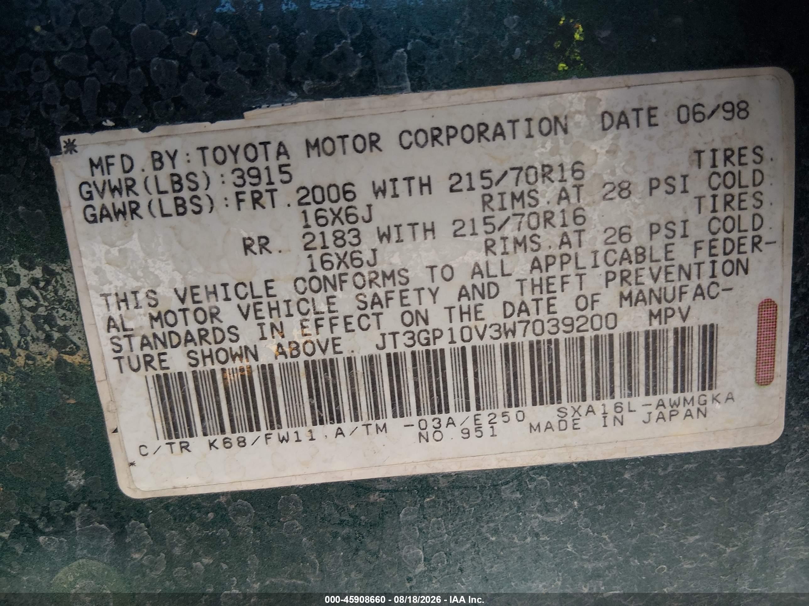 1998 Toyota Rav4   Green vin: JT3GP10V3W7039200
