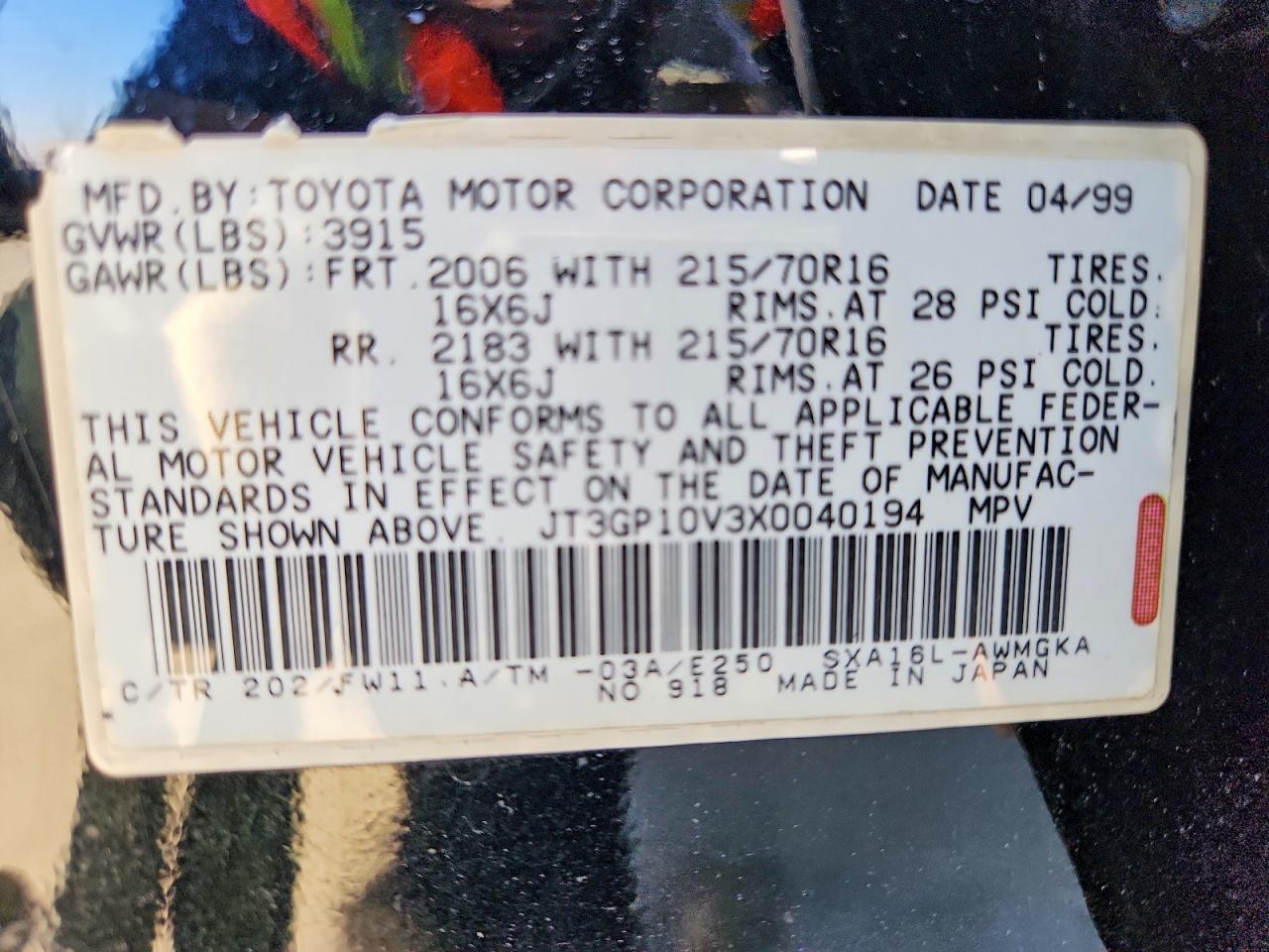 1999 Toyota Rav4 Base Black vin: JT3GP10V3X0040194