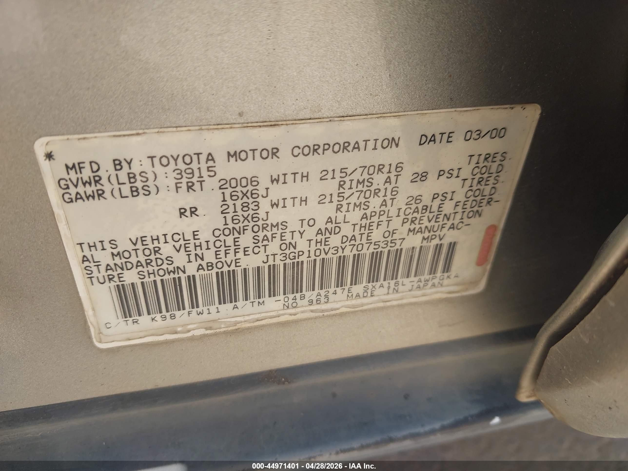 2000 Toyota Rav4   Beige vin: JT3GP10V3Y7075357
