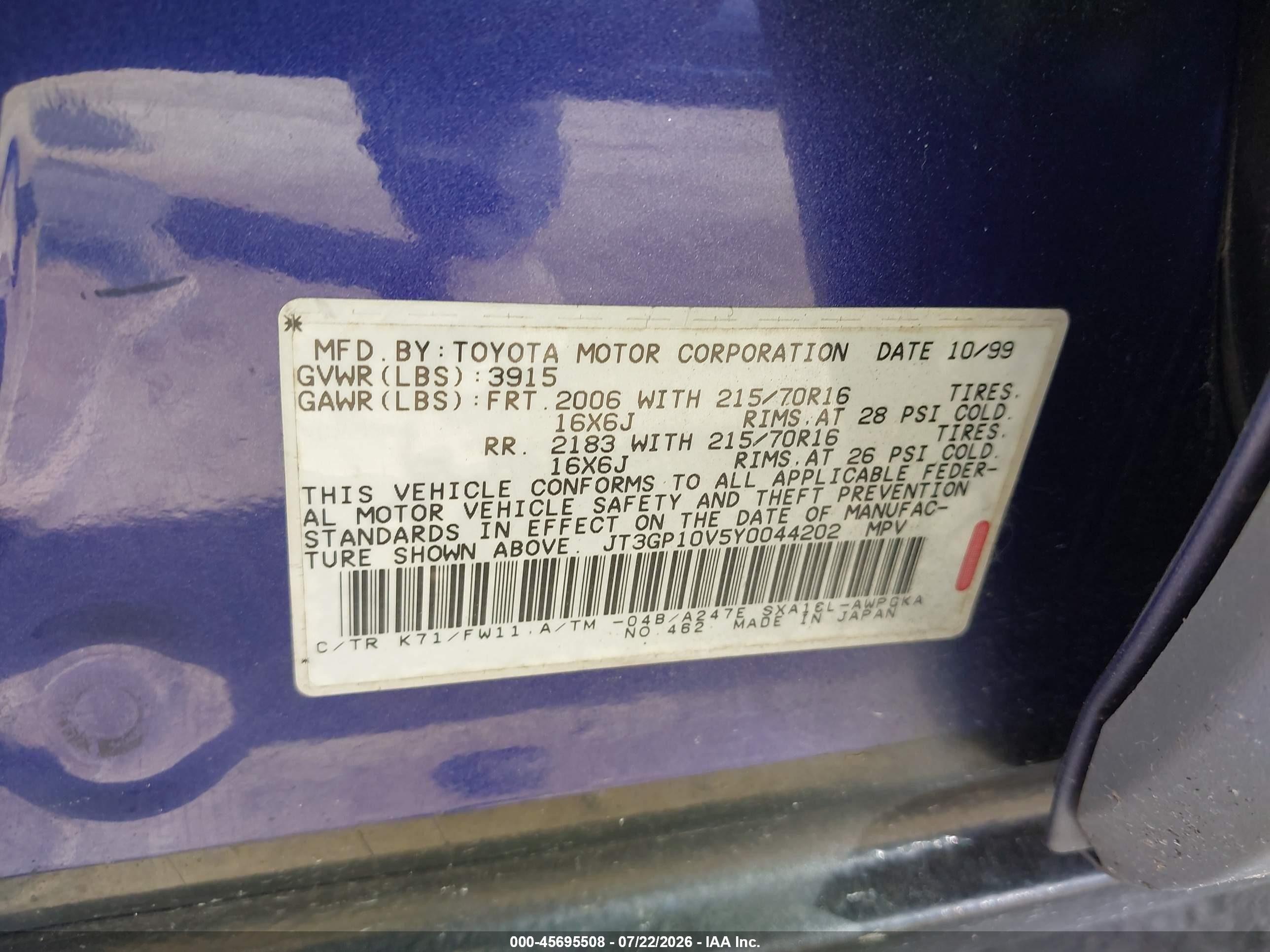 2000 Toyota Rav4   Blue vin: JT3GP10V5Y0044202