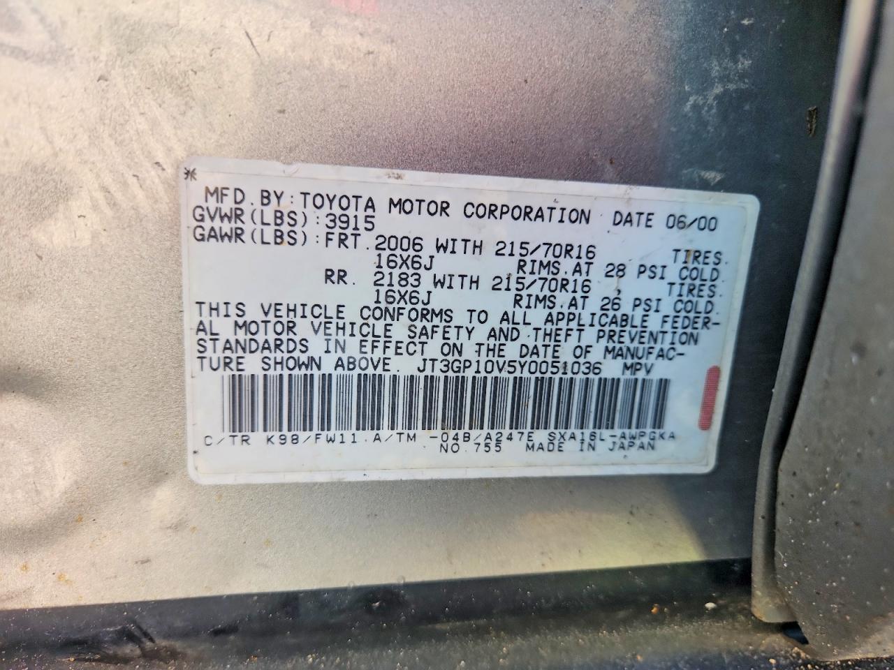 2000 Toyota Rav4 Base Silver vin: JT3GP10V5Y0051036
