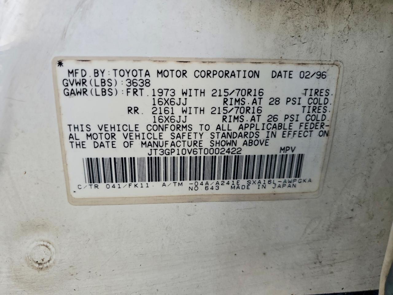 1996 Toyota Rav4 Base White vin: JT3GP10V6T0002422