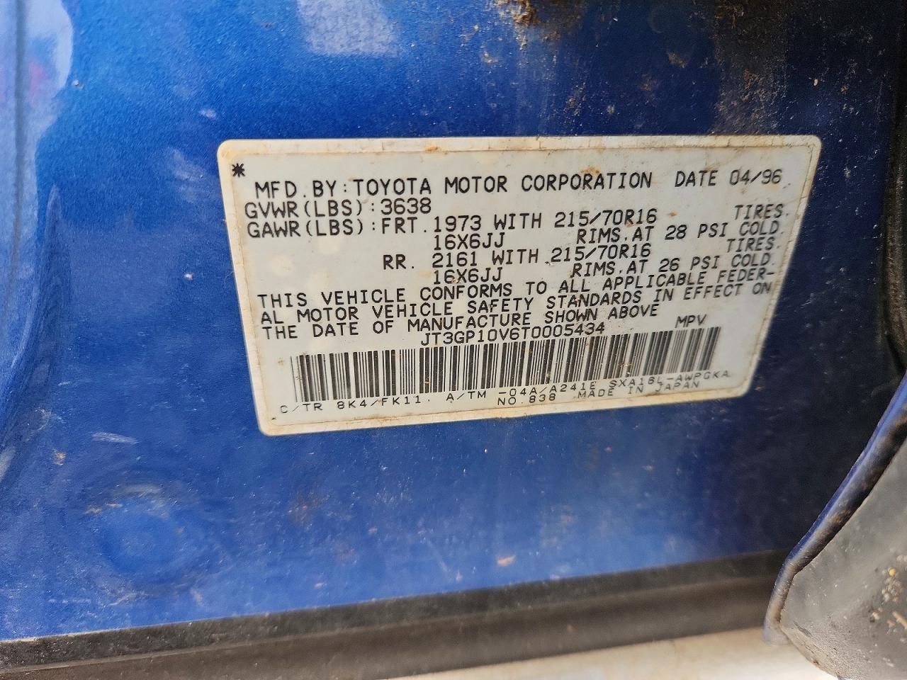 1996 Toyota Rav4 Base Blue vin: JT3GP10V6T0005434