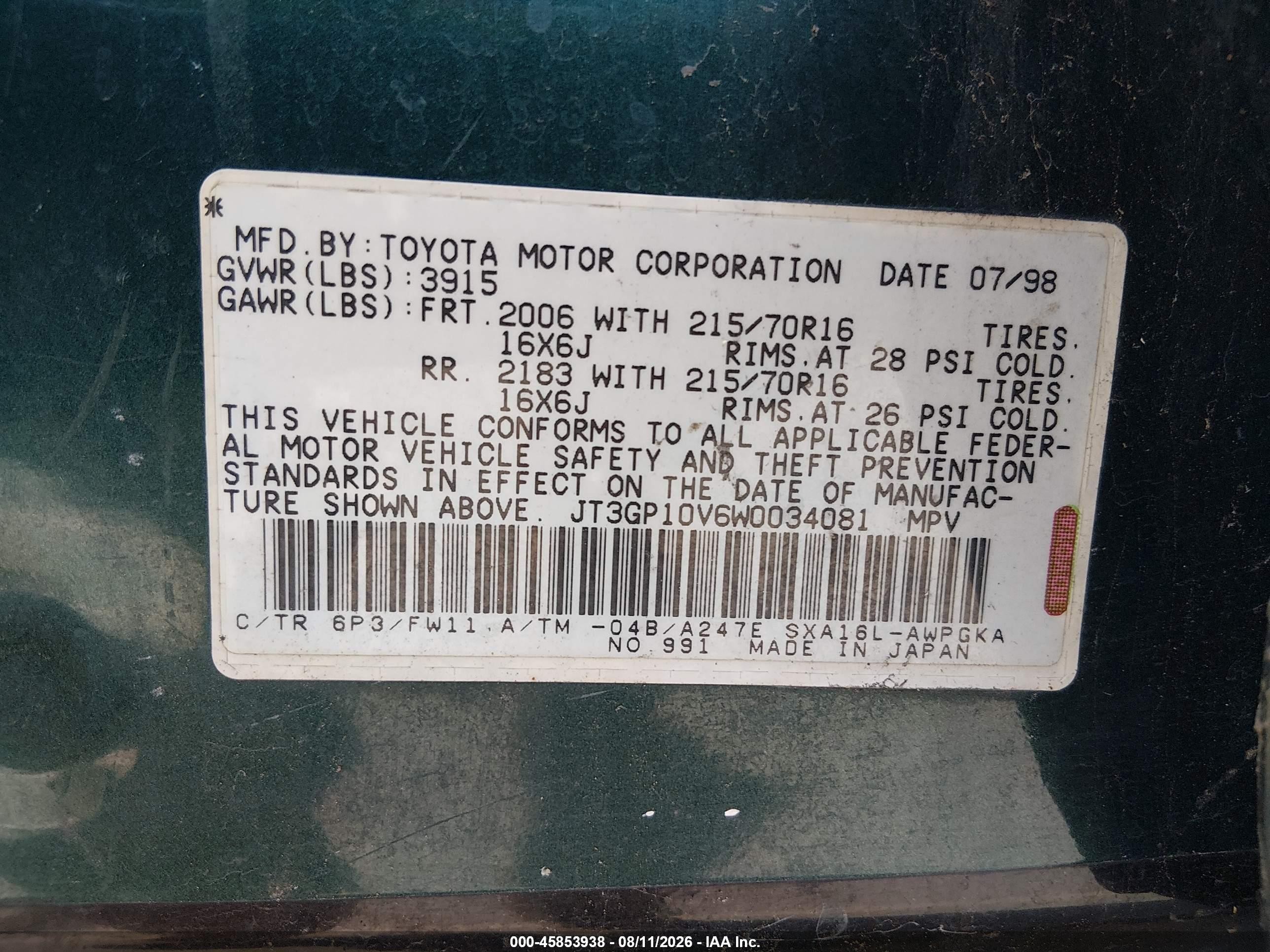 1998 Toyota Rav4   Green vin: JT3GP10V6W0034081