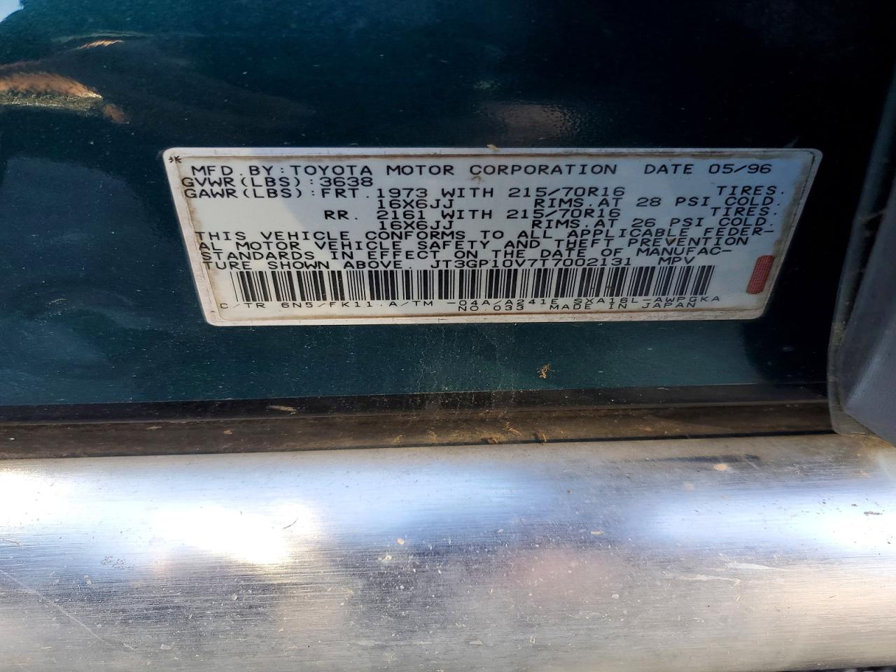 1996 Toyota Rav4 Green vin: JT3GP10V7T7002131