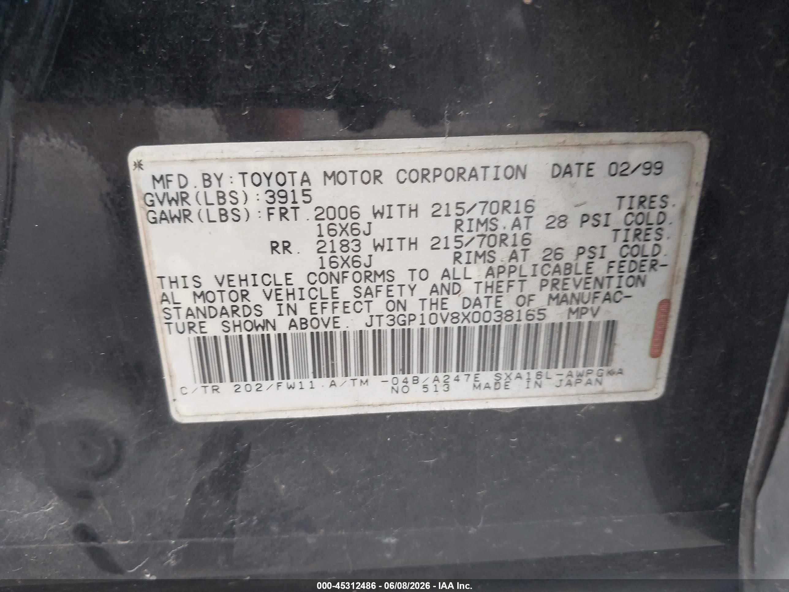 1999 Toyota Rav4   Black vin: JT3GP10V8X0038165