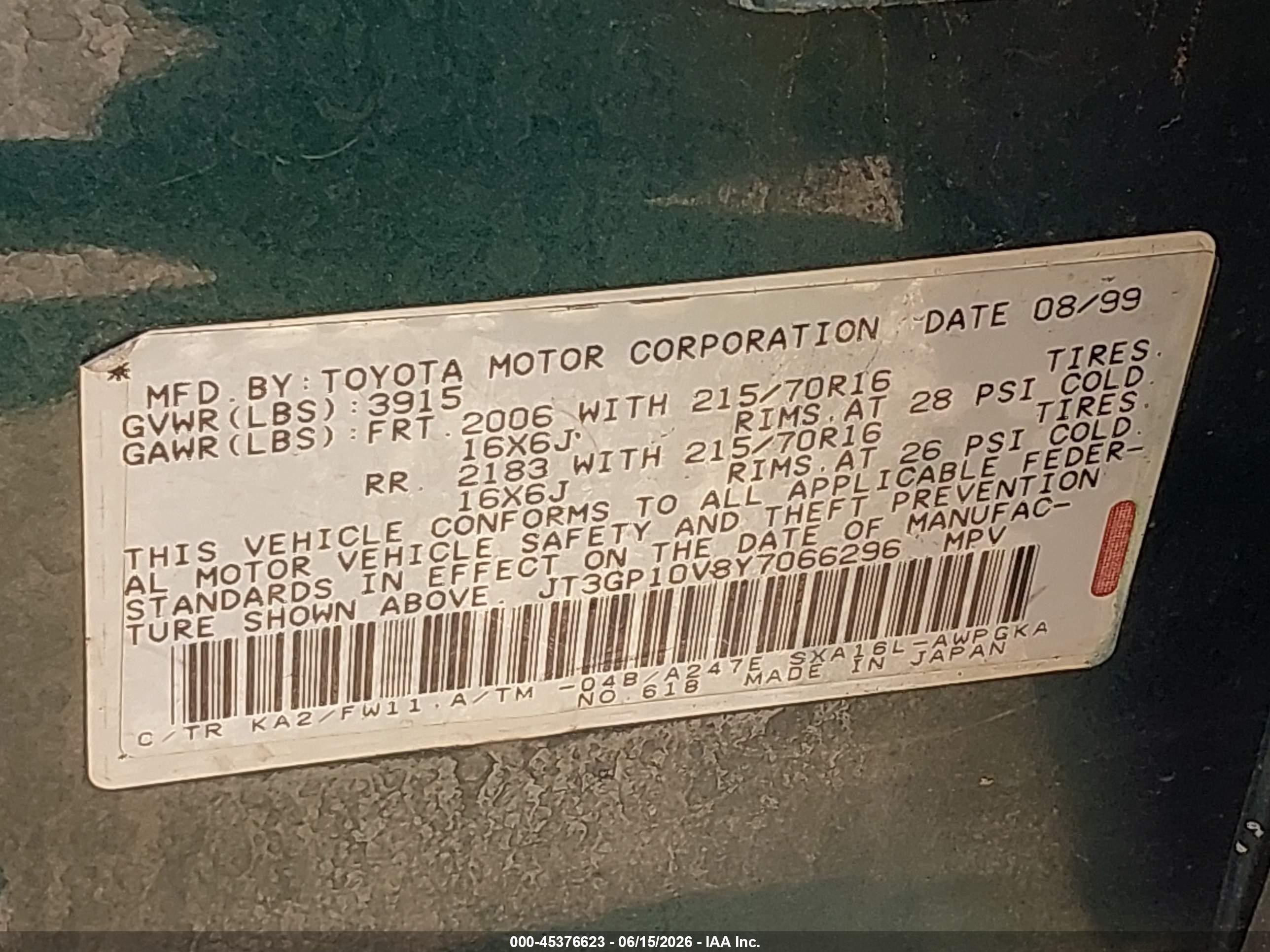 2000 Toyota Rav4   Green vin: JT3GP10V8Y7066296
