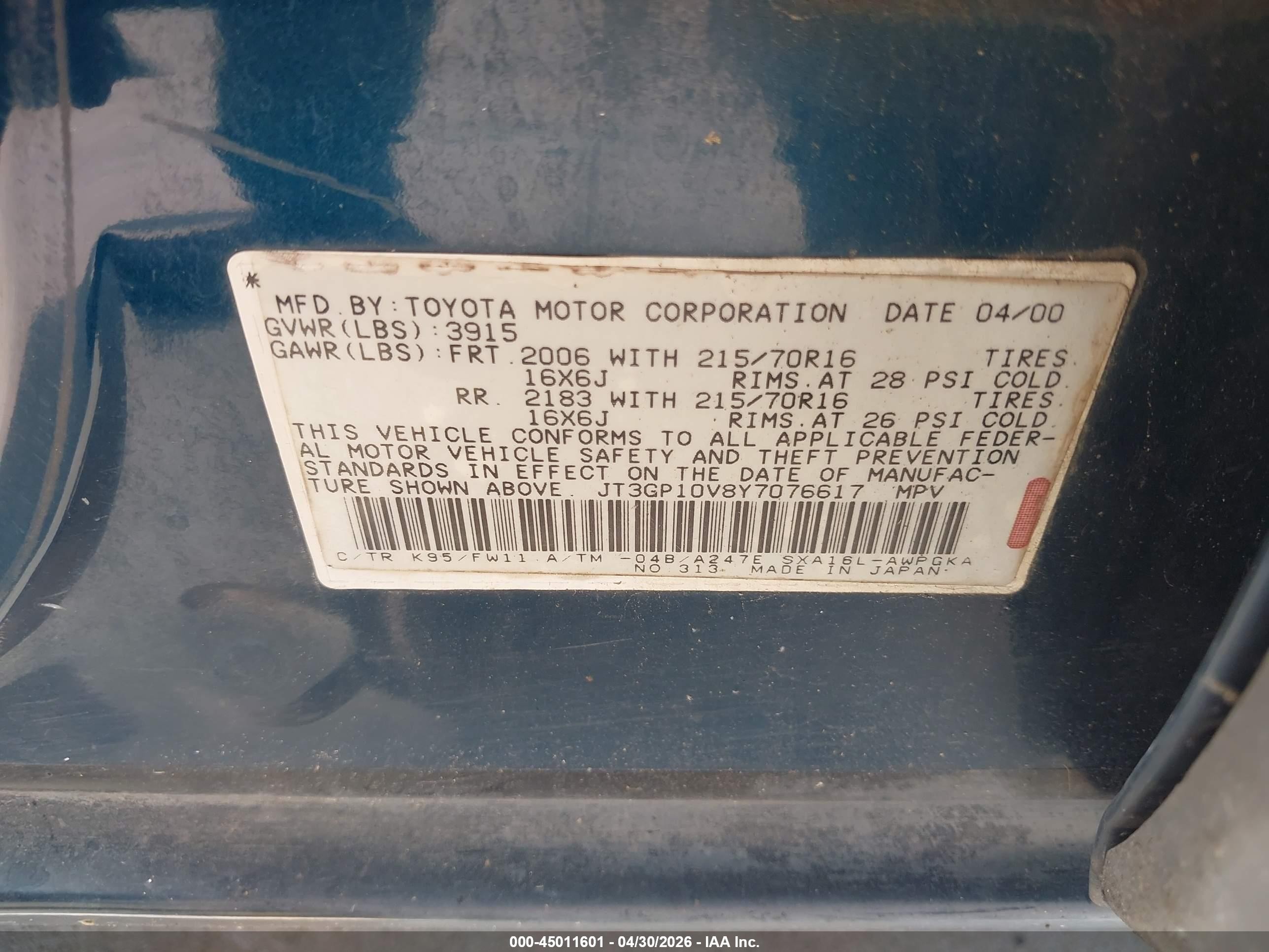 2000 Toyota Rav4   Teal vin: JT3GP10V8Y7076617