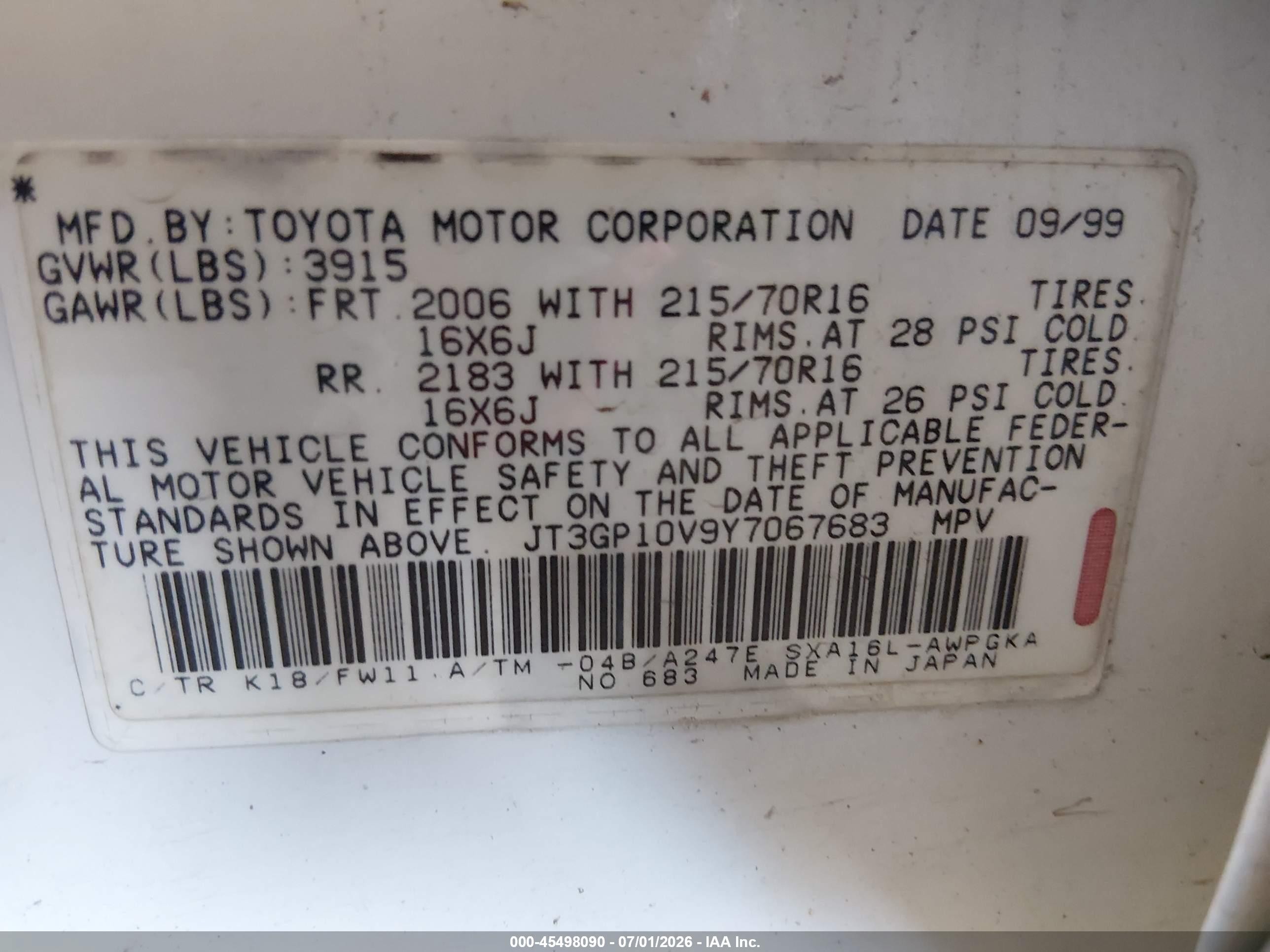 2000 Toyota Rav4   White vin: JT3GP10V9Y7067683