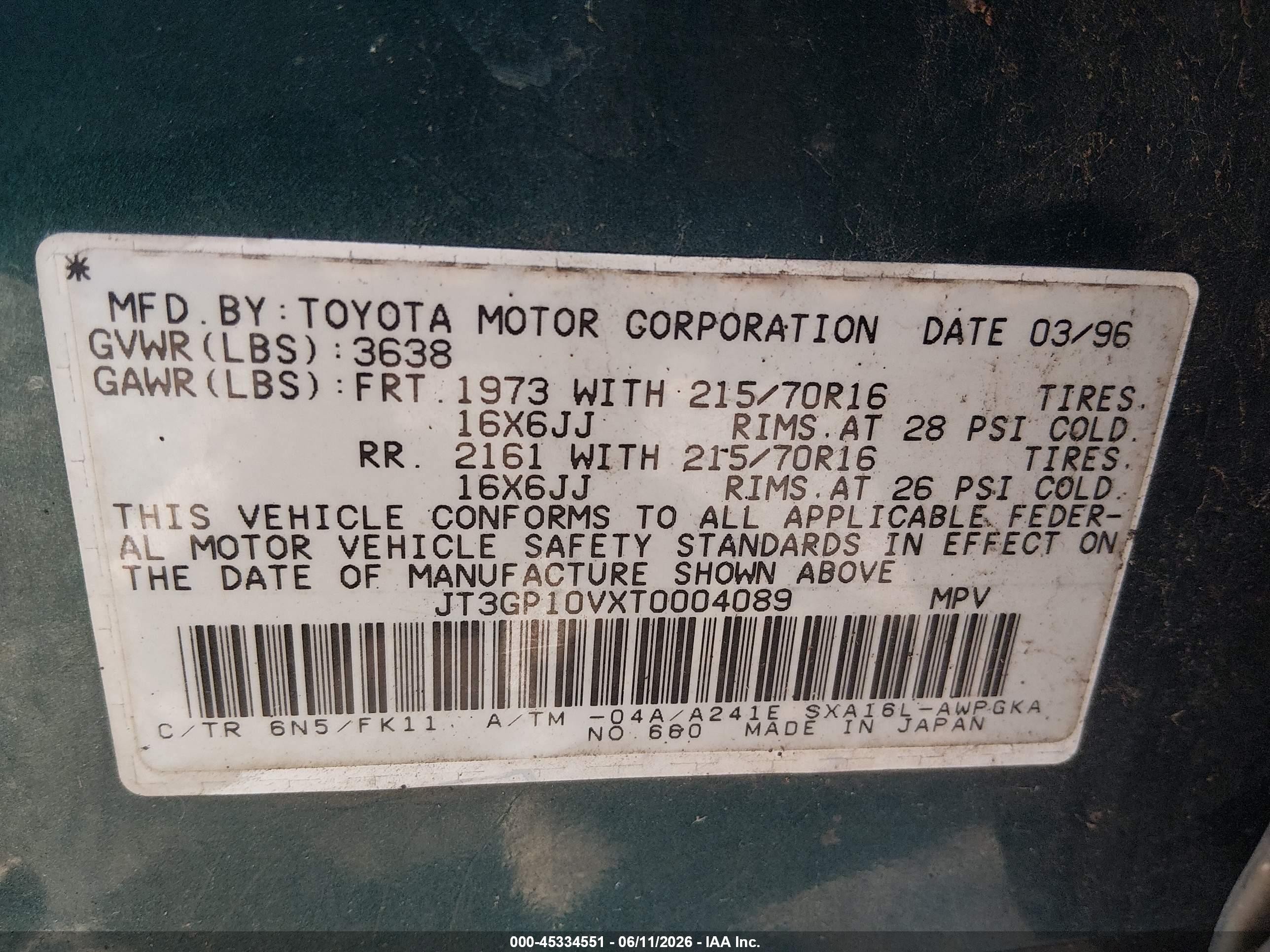 1996 Toyota Rav4   Green vin: JT3GP10VXT0004089