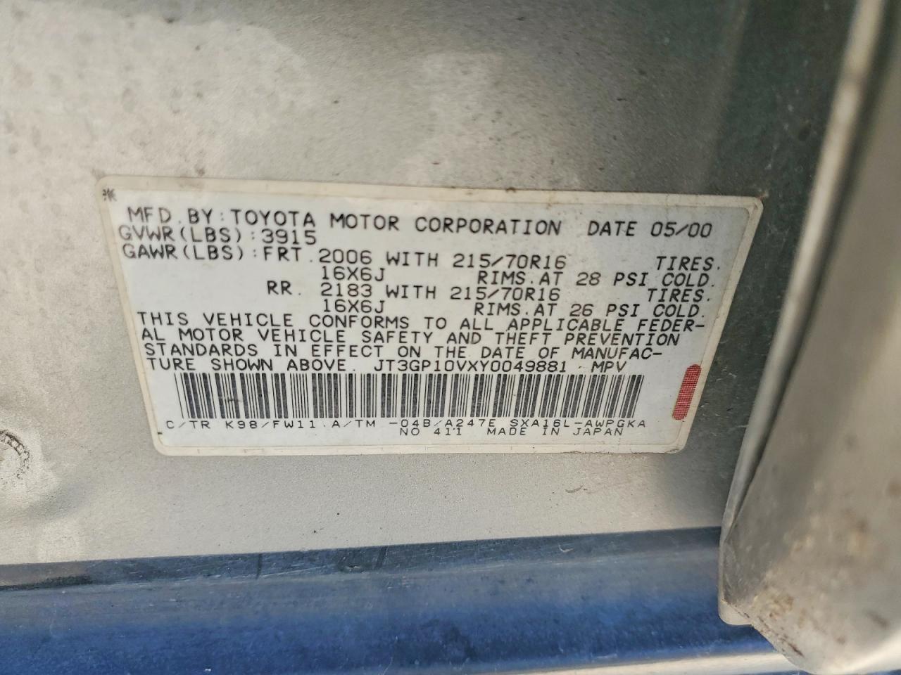 2000 Toyota Rav4 Base Gray vin: JT3GP10VXY0049881
