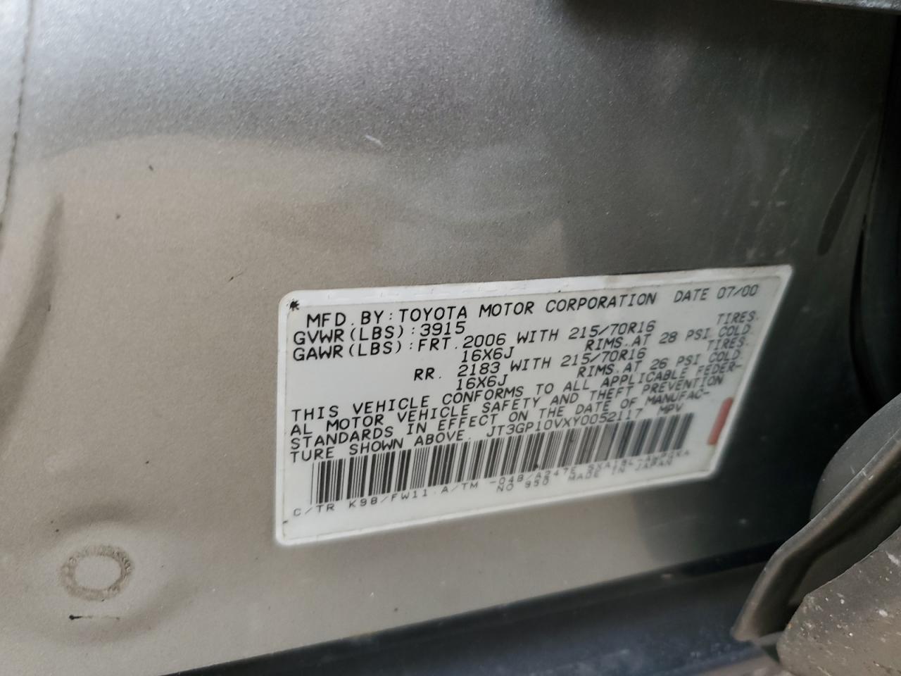 2000 Toyota Rav4 Silver vin: JT3GP10VXY0052117