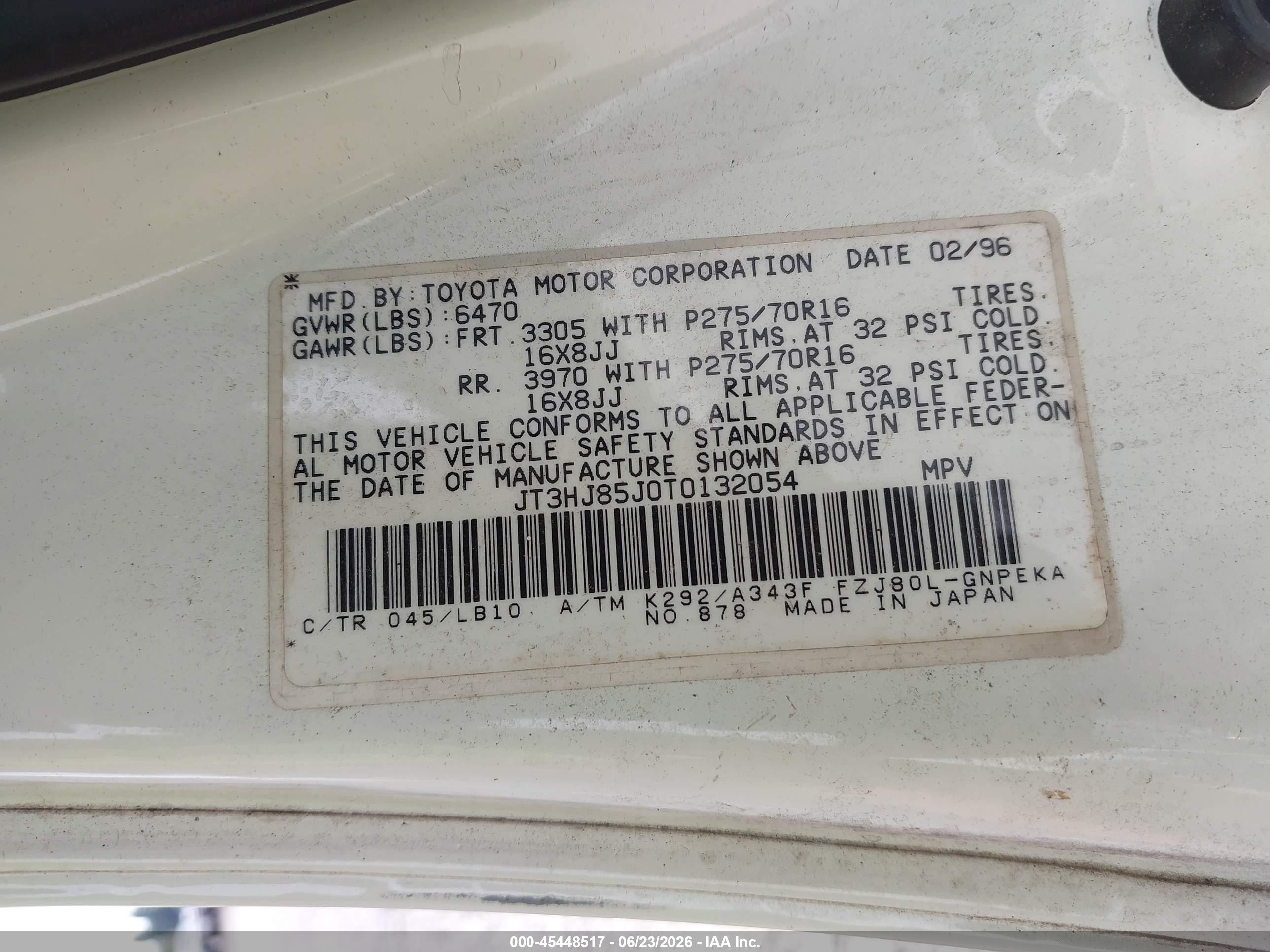 1996 Toyota Land Cruiser Hj85 White vin: JT3HJ85J0T0132054