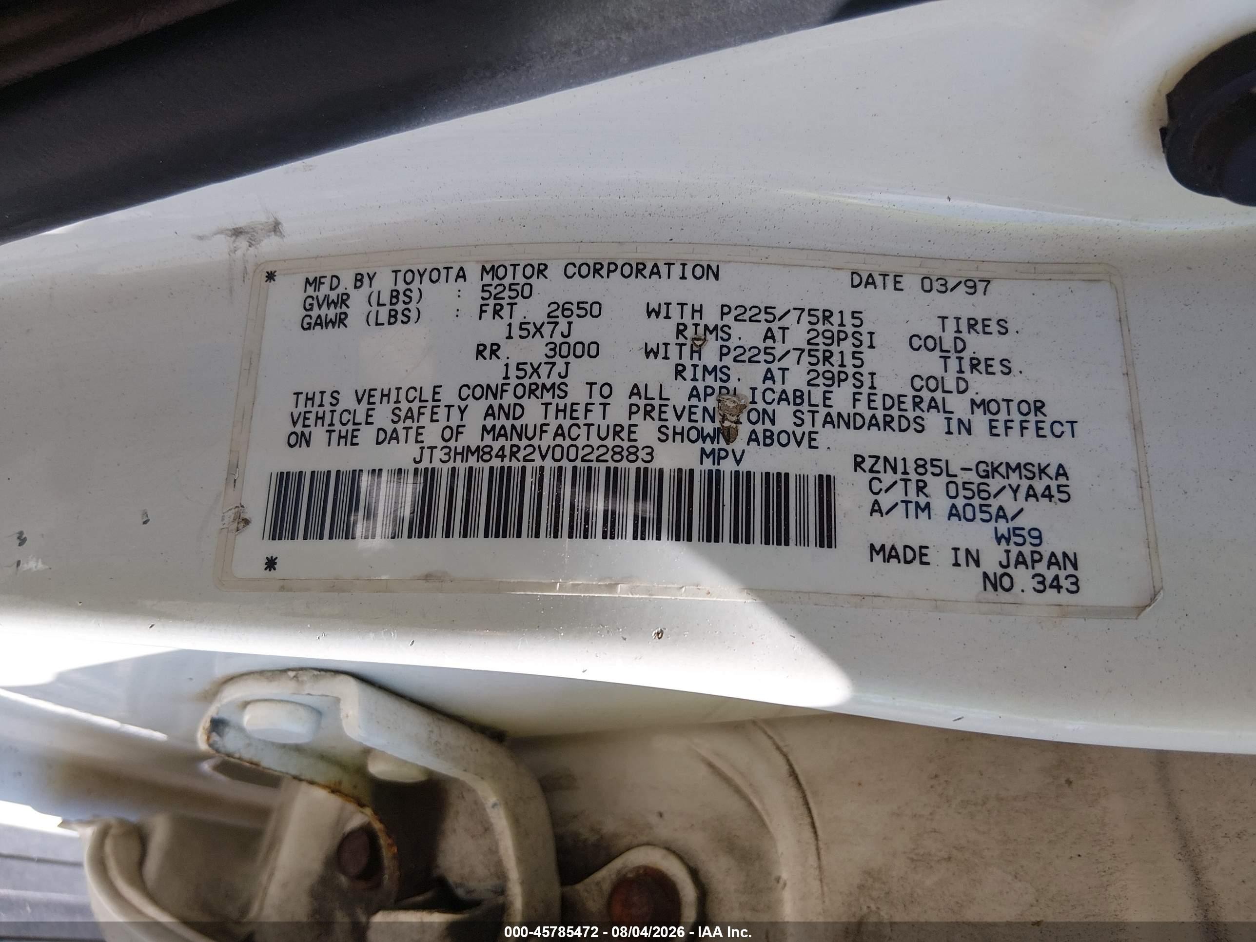 1997 Toyota 4runner   White vin: JT3HM84R2V0022883