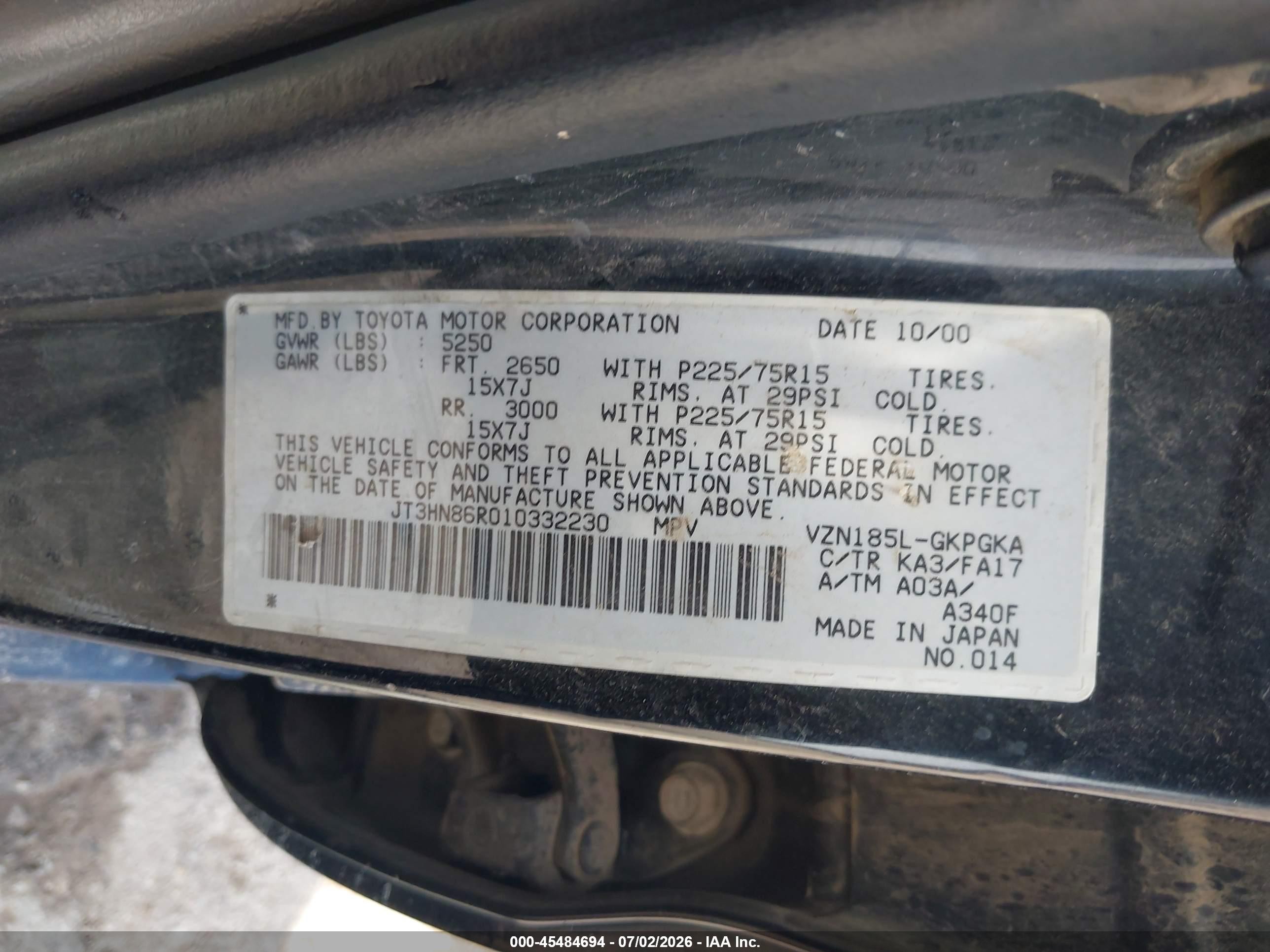 2001 Toyota 4runner Sr5 V6 Black vin: JT3HN86R010332230