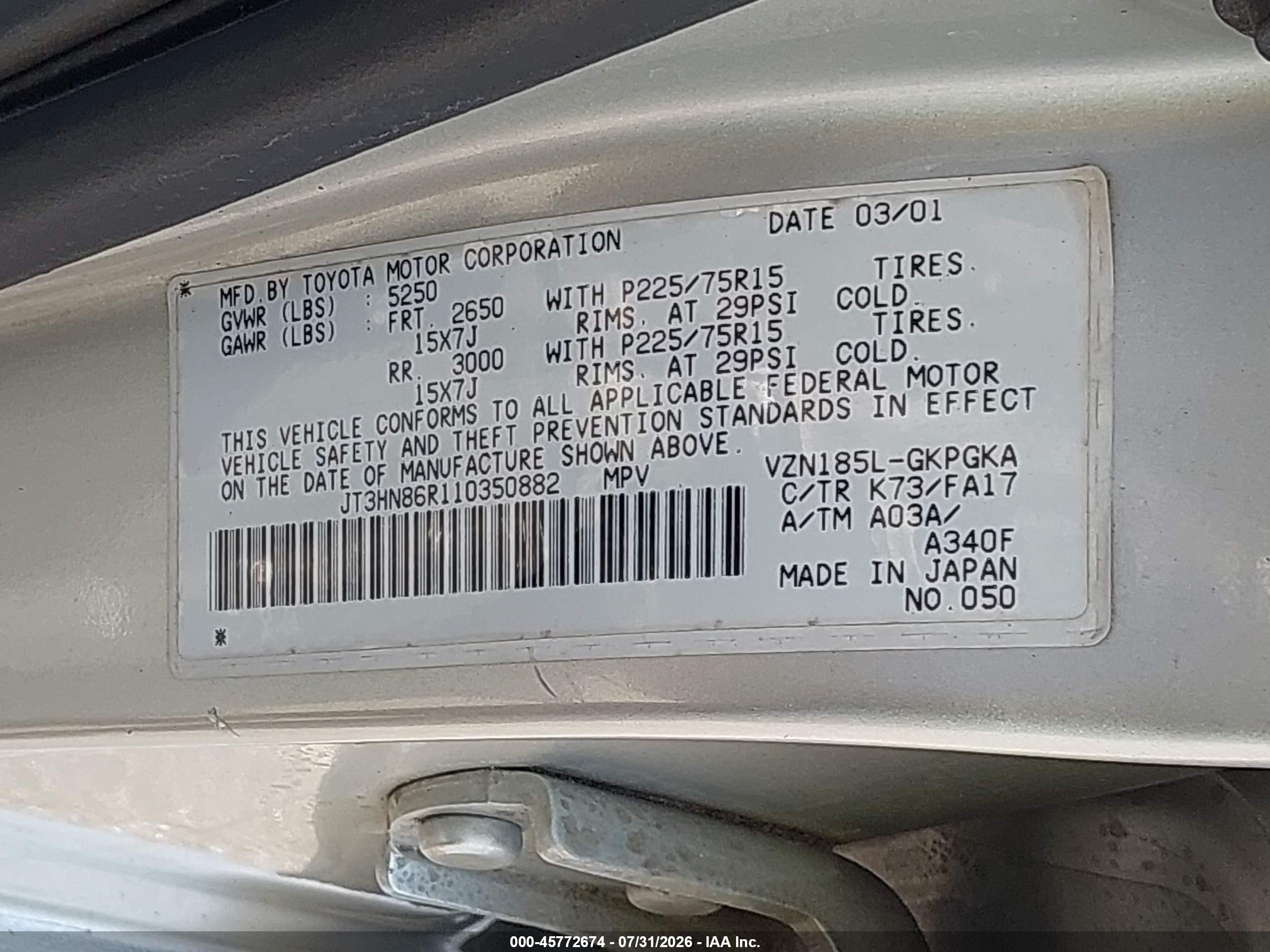 2001 Toyota 4runner Sr5 V6 Silver vin: JT3HN86R110350882
