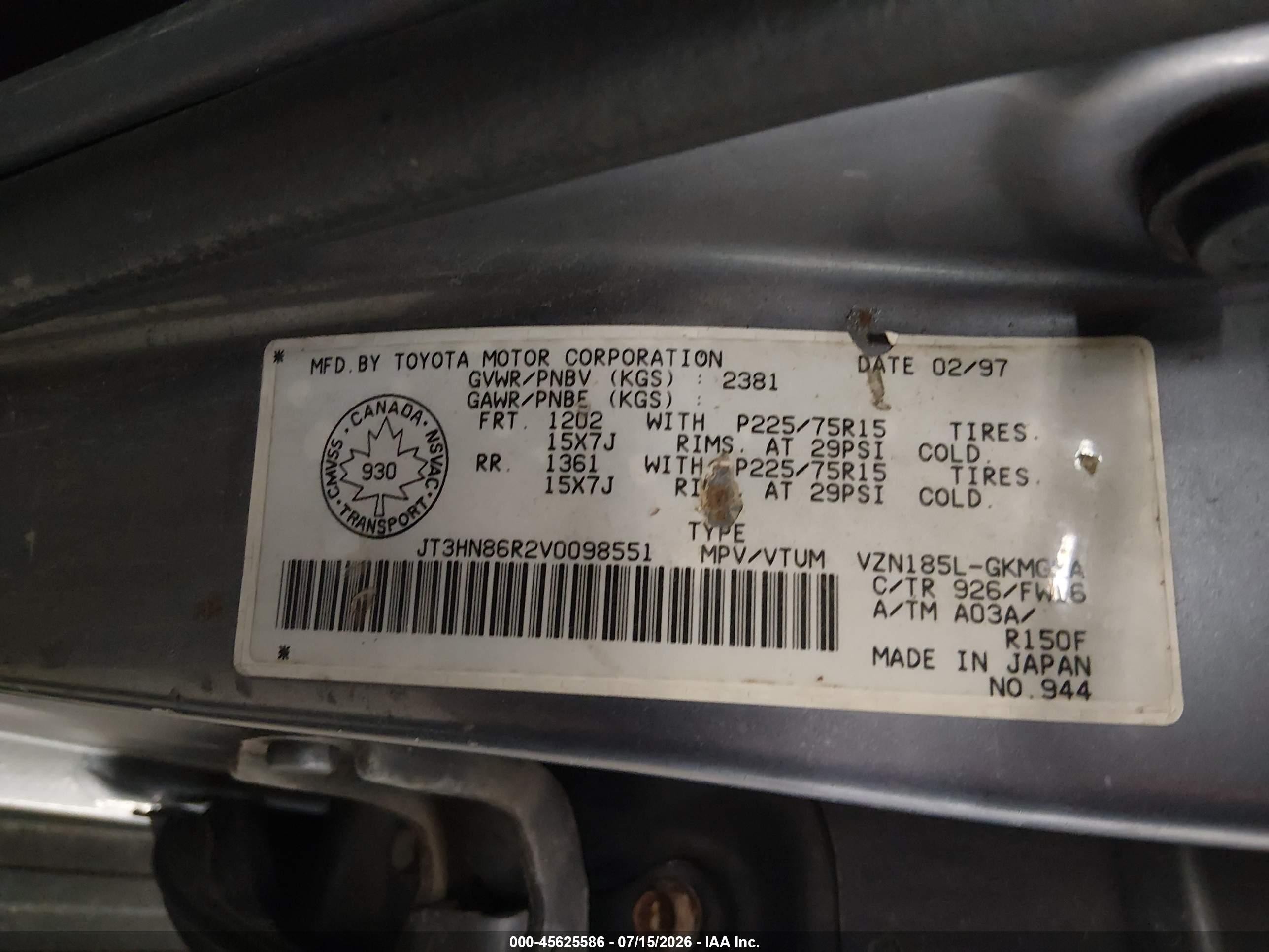 1997 Toyota 4runner Sr5 V6 Gray vin: JT3HN86R2V0098551