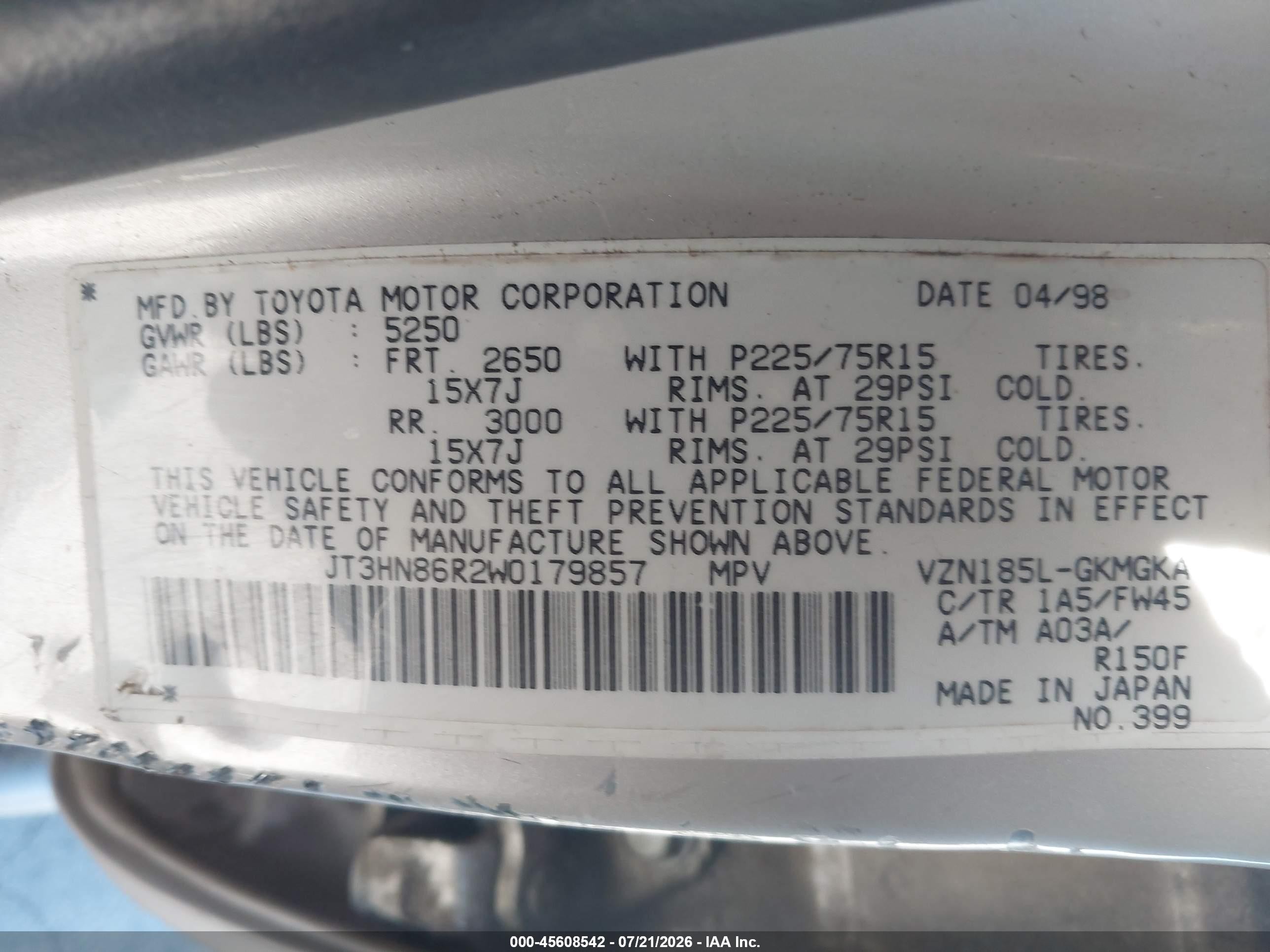 1998 Toyota 4runner Sr5 V6 Кремовый vin: JT3HN86R2W0179857