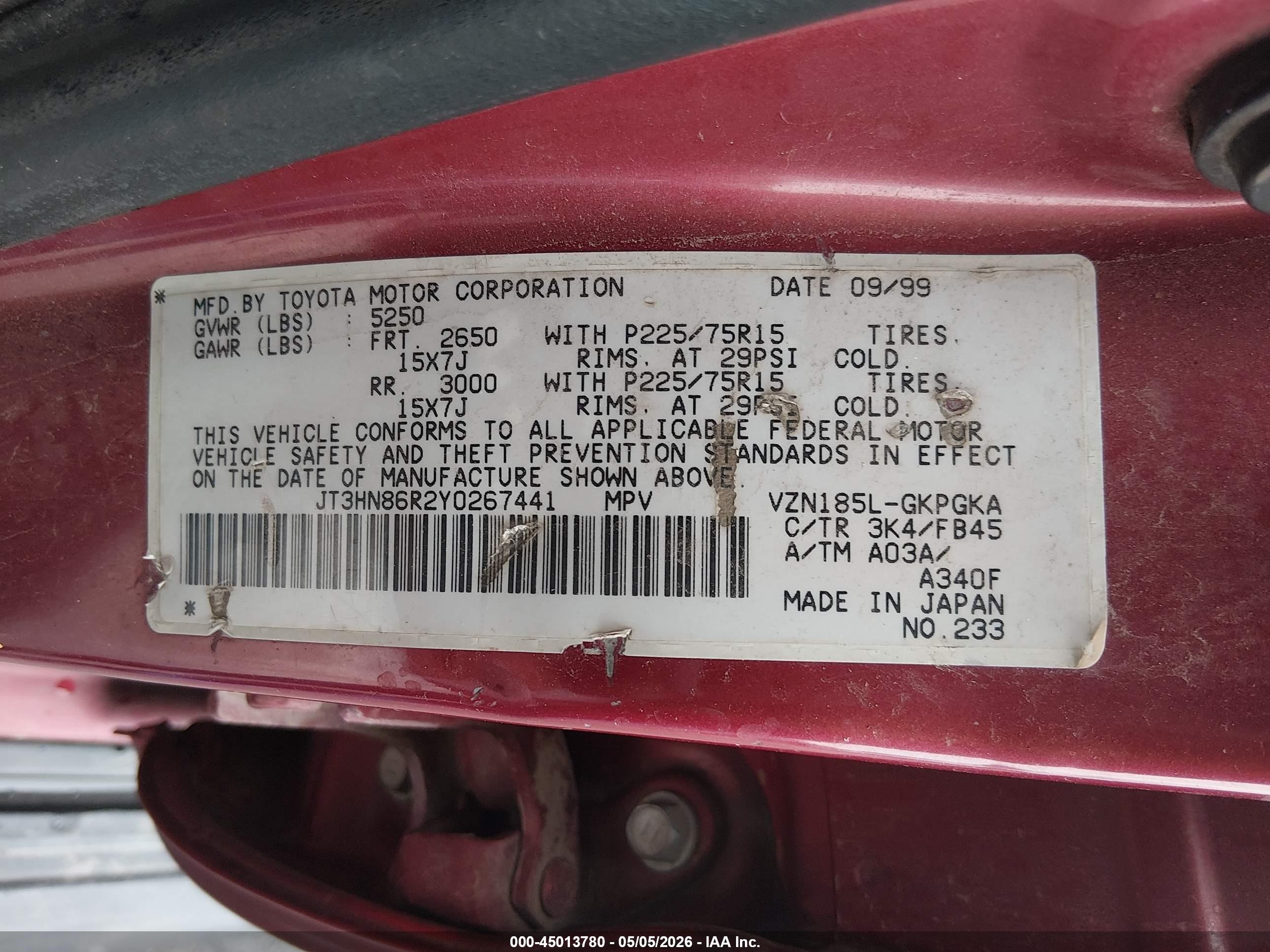 2000 Toyota 4runner Sr5 V6 Red vin: JT3HN86R2Y0267441