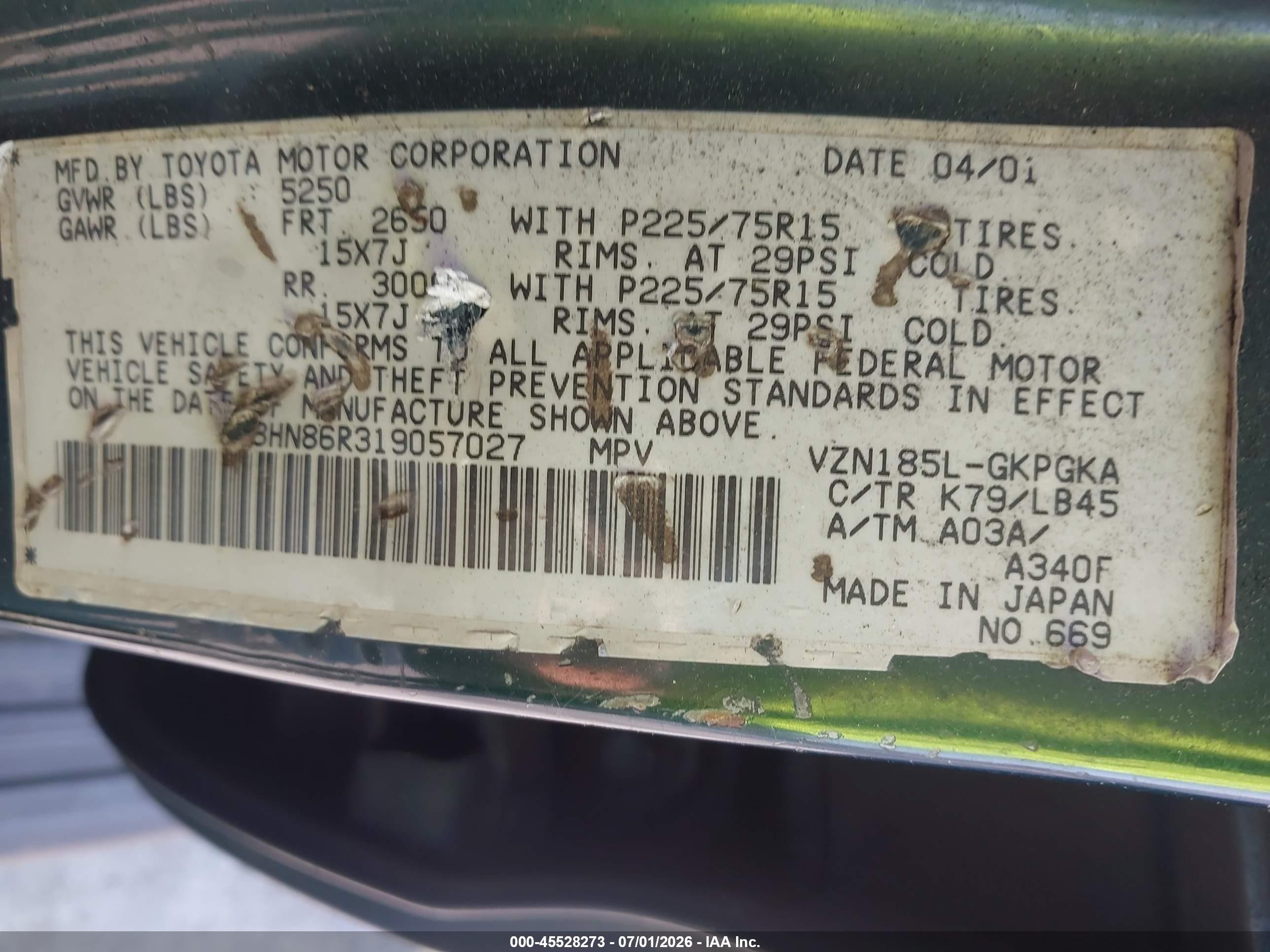 2001 Toyota 4runner Sr5 V6 Green vin: JT3HN86R319057027
