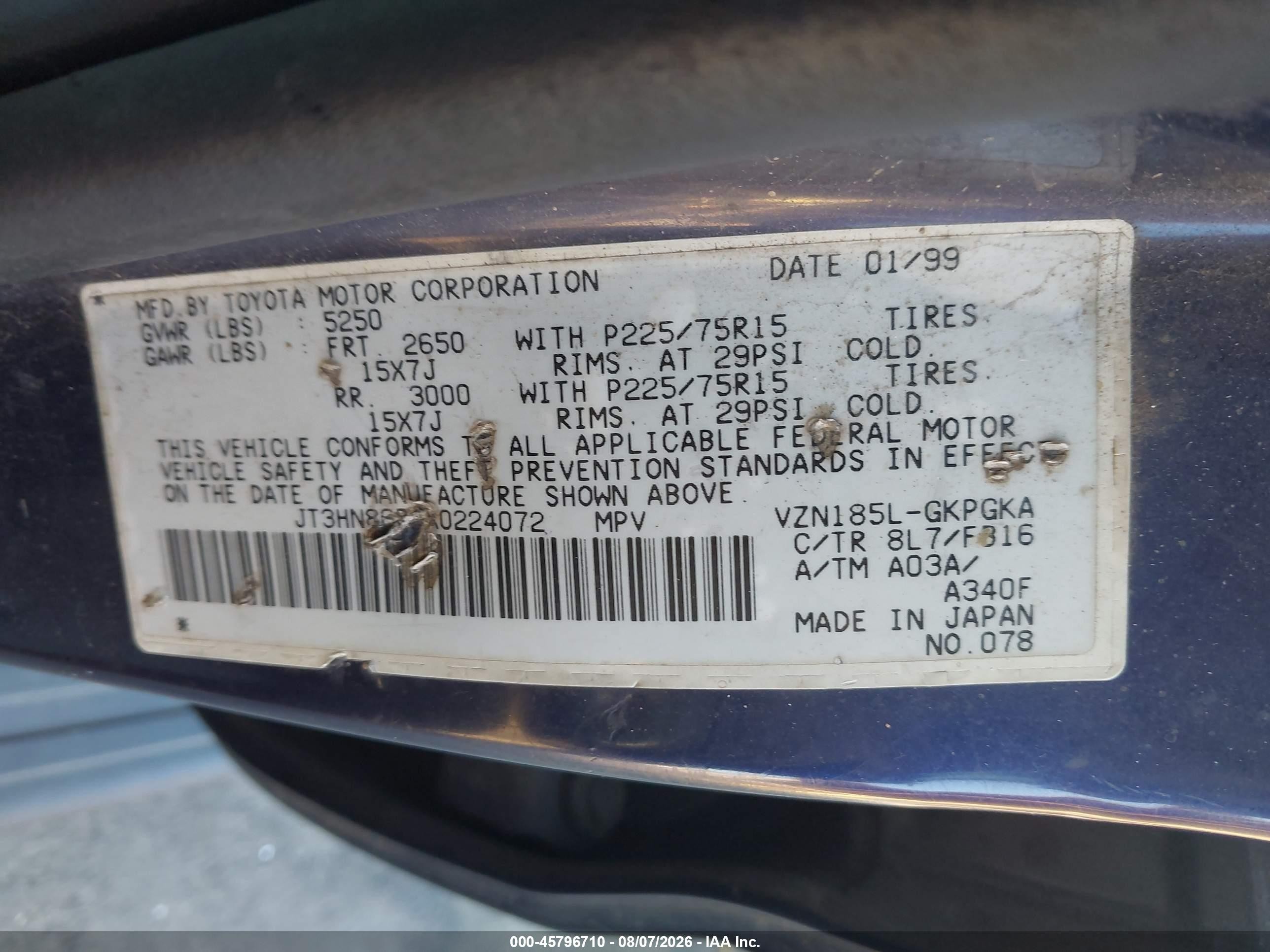 1999 Toyota 4runner Sr5 V6 Blue vin: JT3HN86R4X0224072