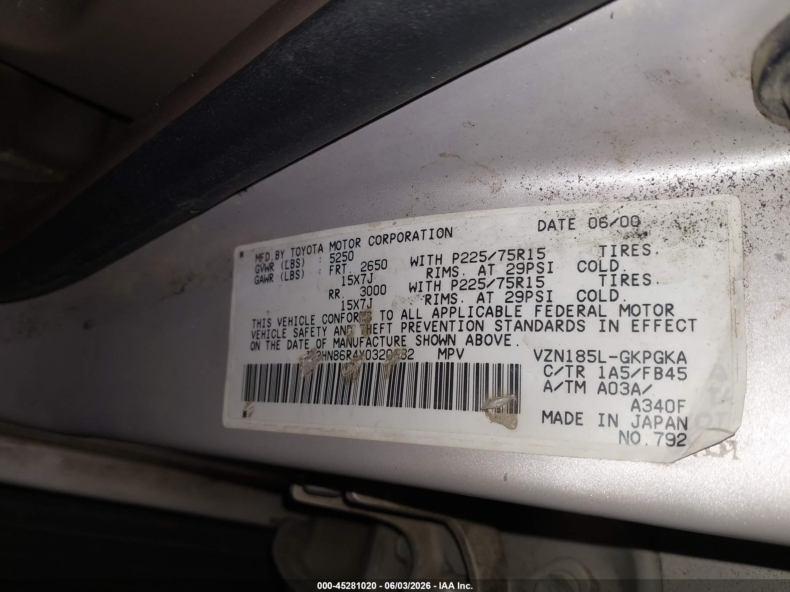 2000 Toyota 4runner Sr5 V6 Silver vin: JT3HN86R4Y0320382