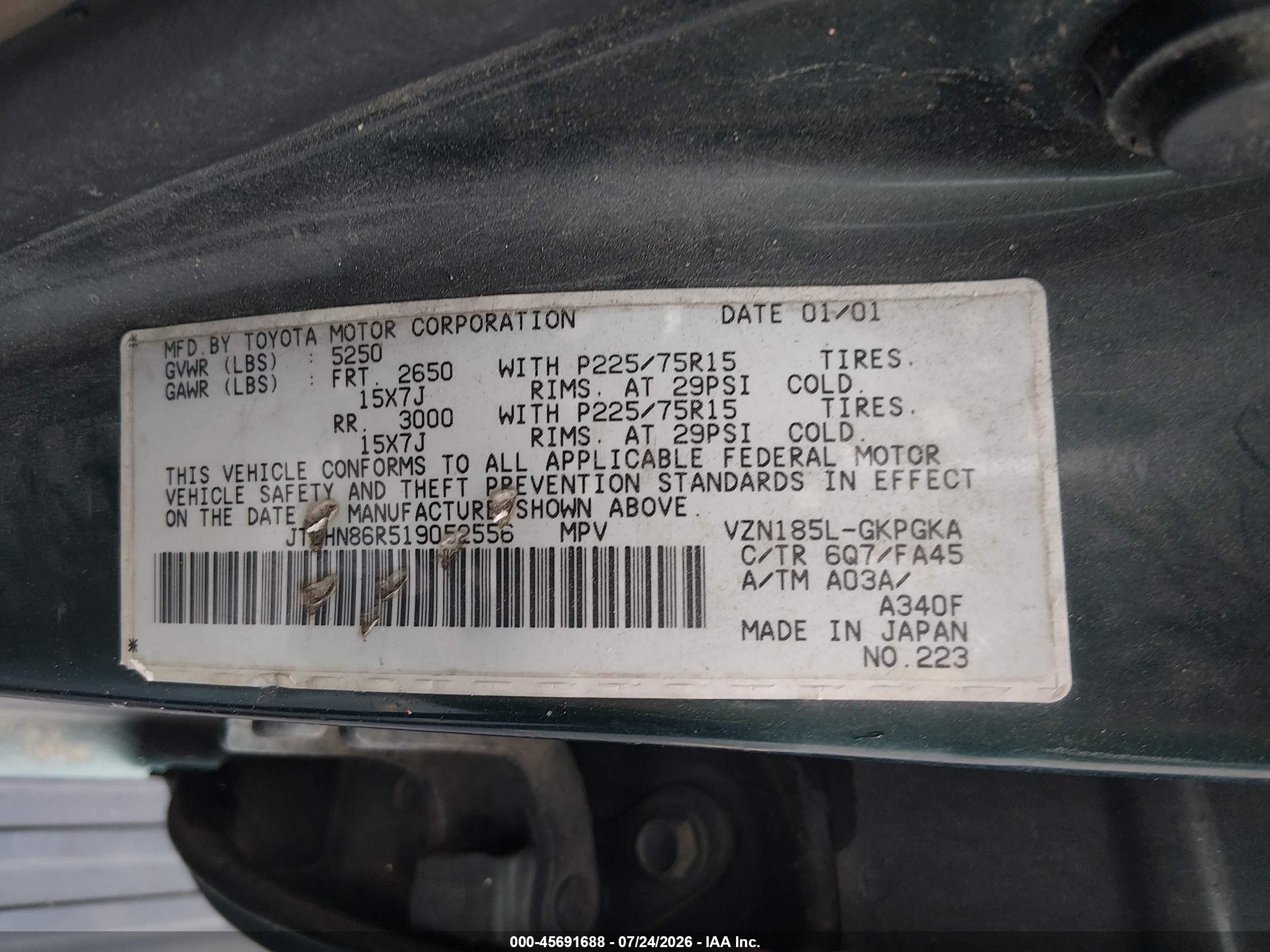 2001 Toyota 4runner Sr5 V6 Green vin: JT3HN86R519052556