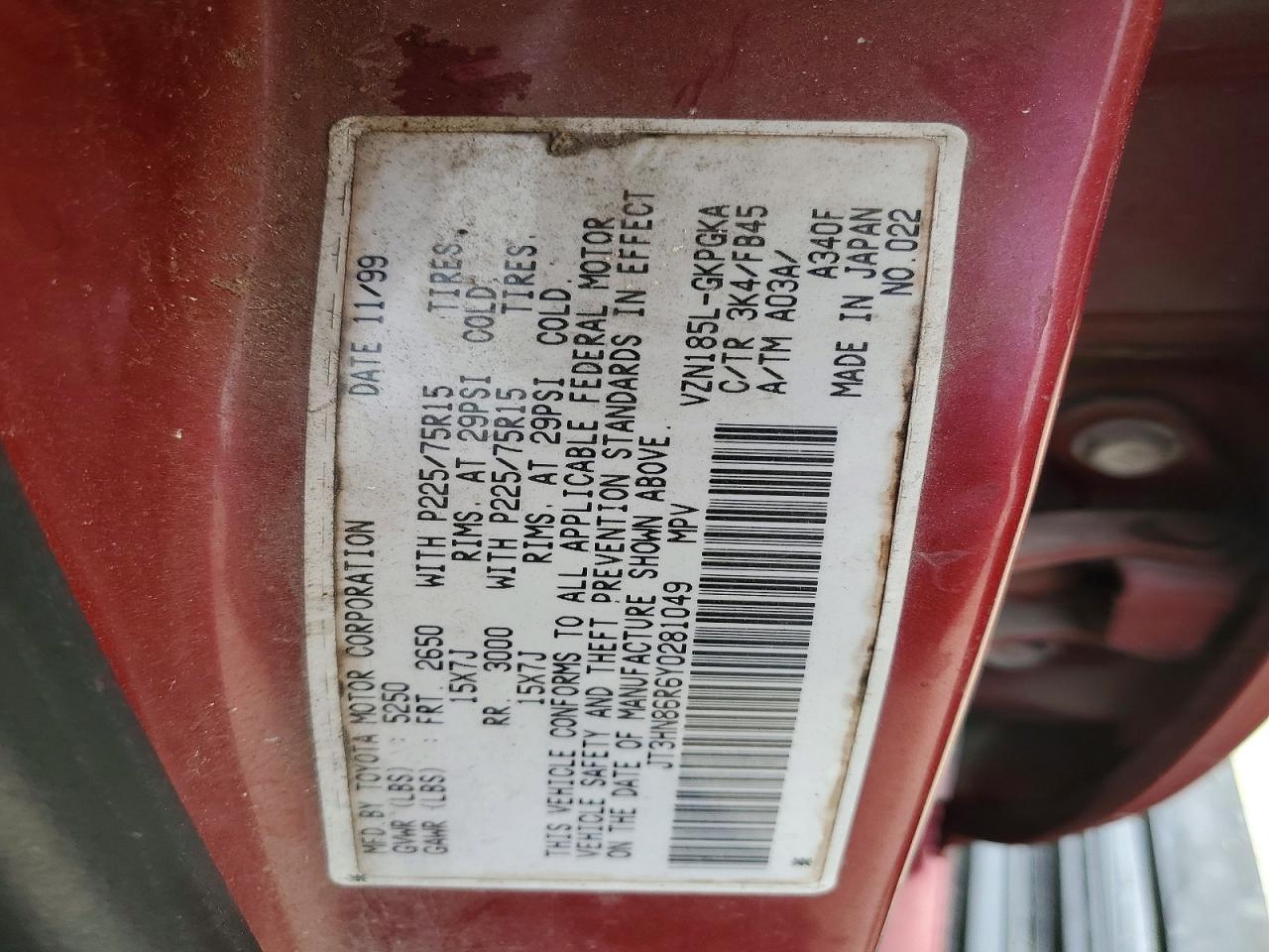 2000 Toyota 4runner Sr5 Red vin: JT3HN86R6Y0281049