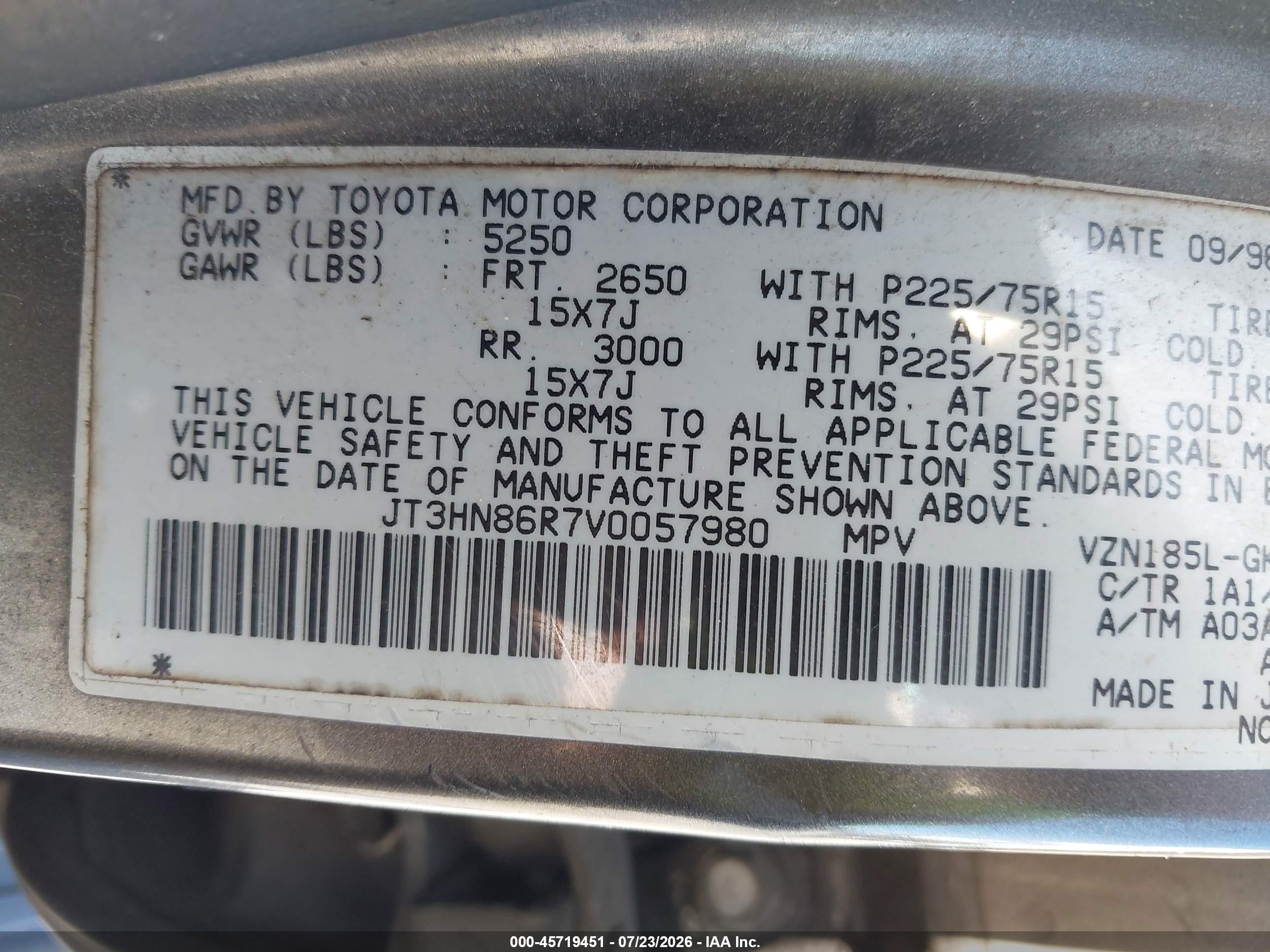 1997 Toyota 4runner Sr5 V6 Серый vin: JT3HN86R7V0057980