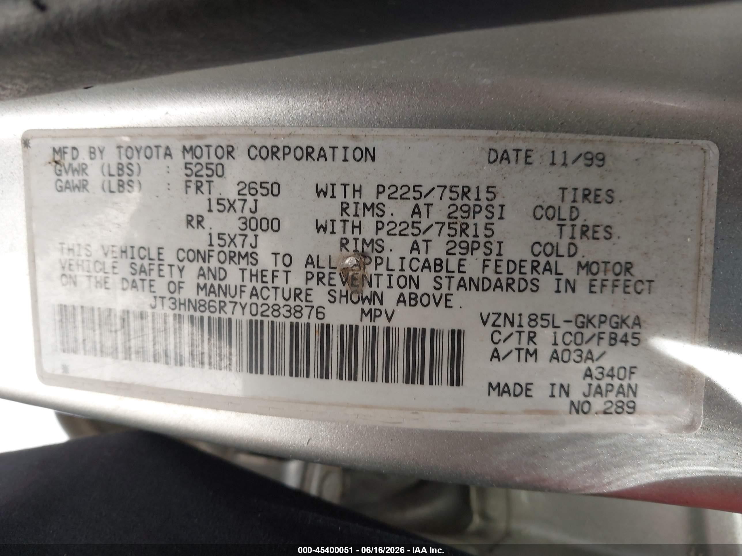 2000 Toyota 4runner Sr5 V6 Silver vin: JT3HN86R7Y0283876