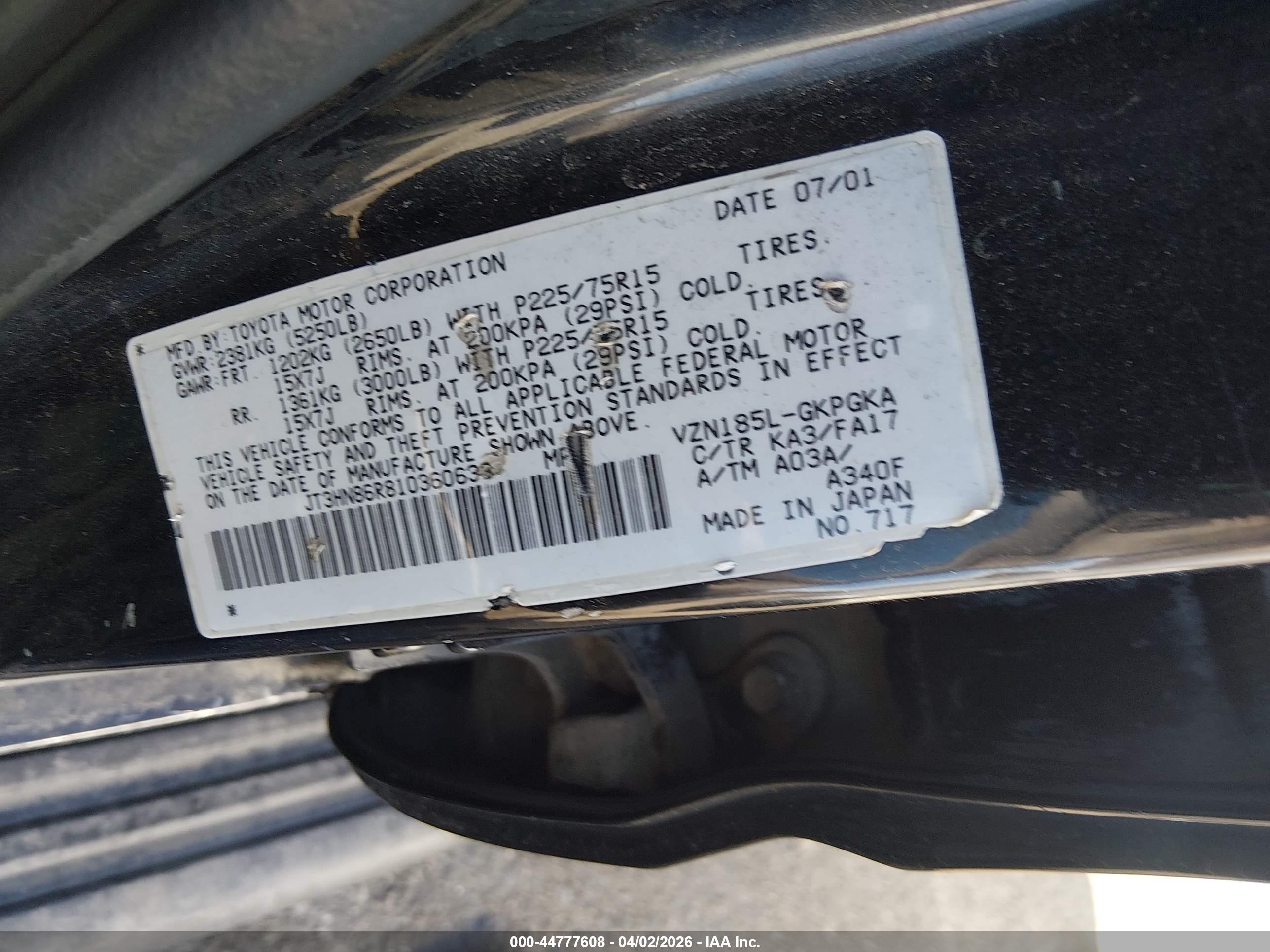 2001 Toyota 4runner Sr5 V6 Black vin: JT3HN86R810360633