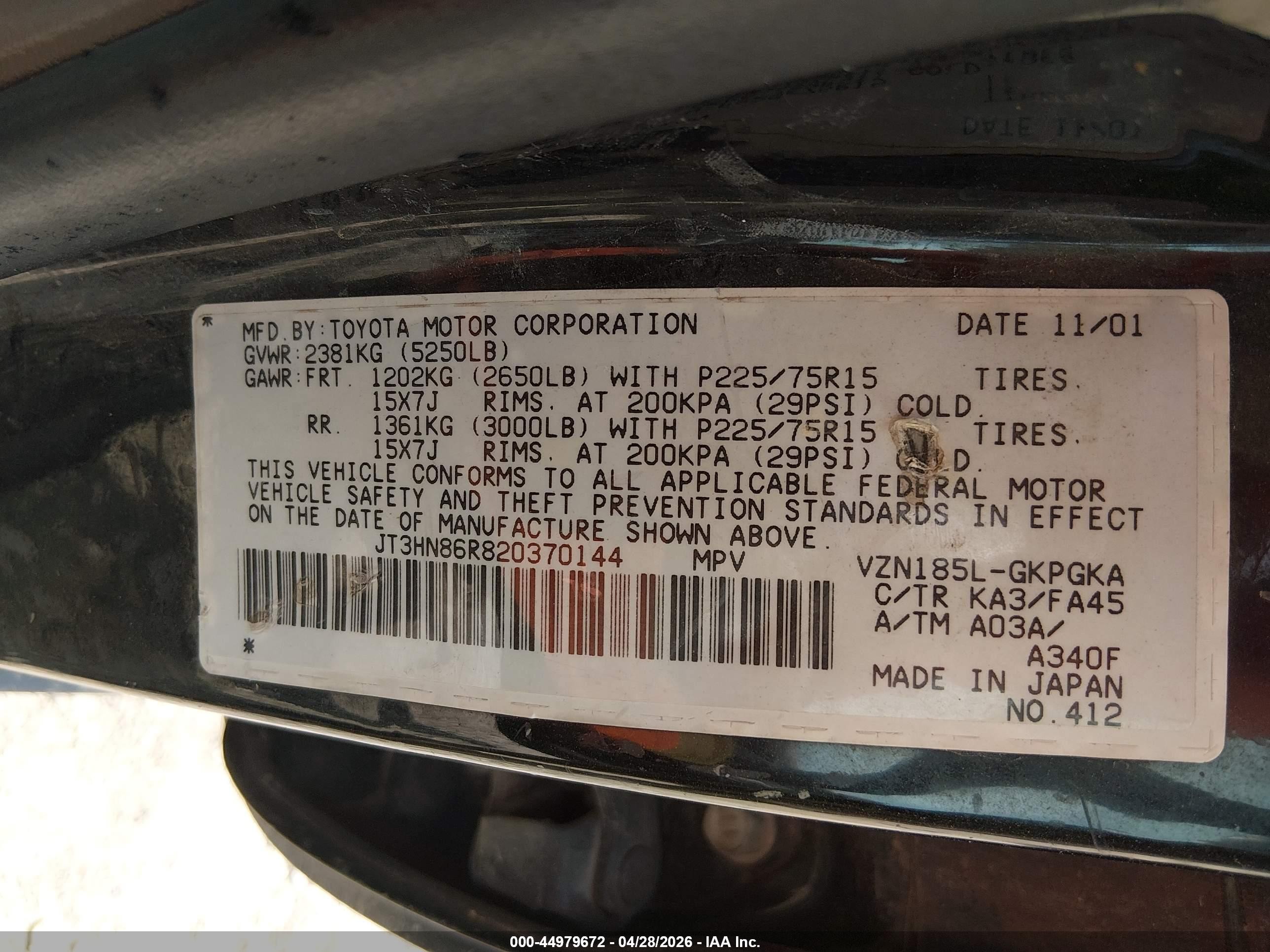 2002 Toyota 4runner Sr5 V6 Black vin: JT3HN86R820370144
