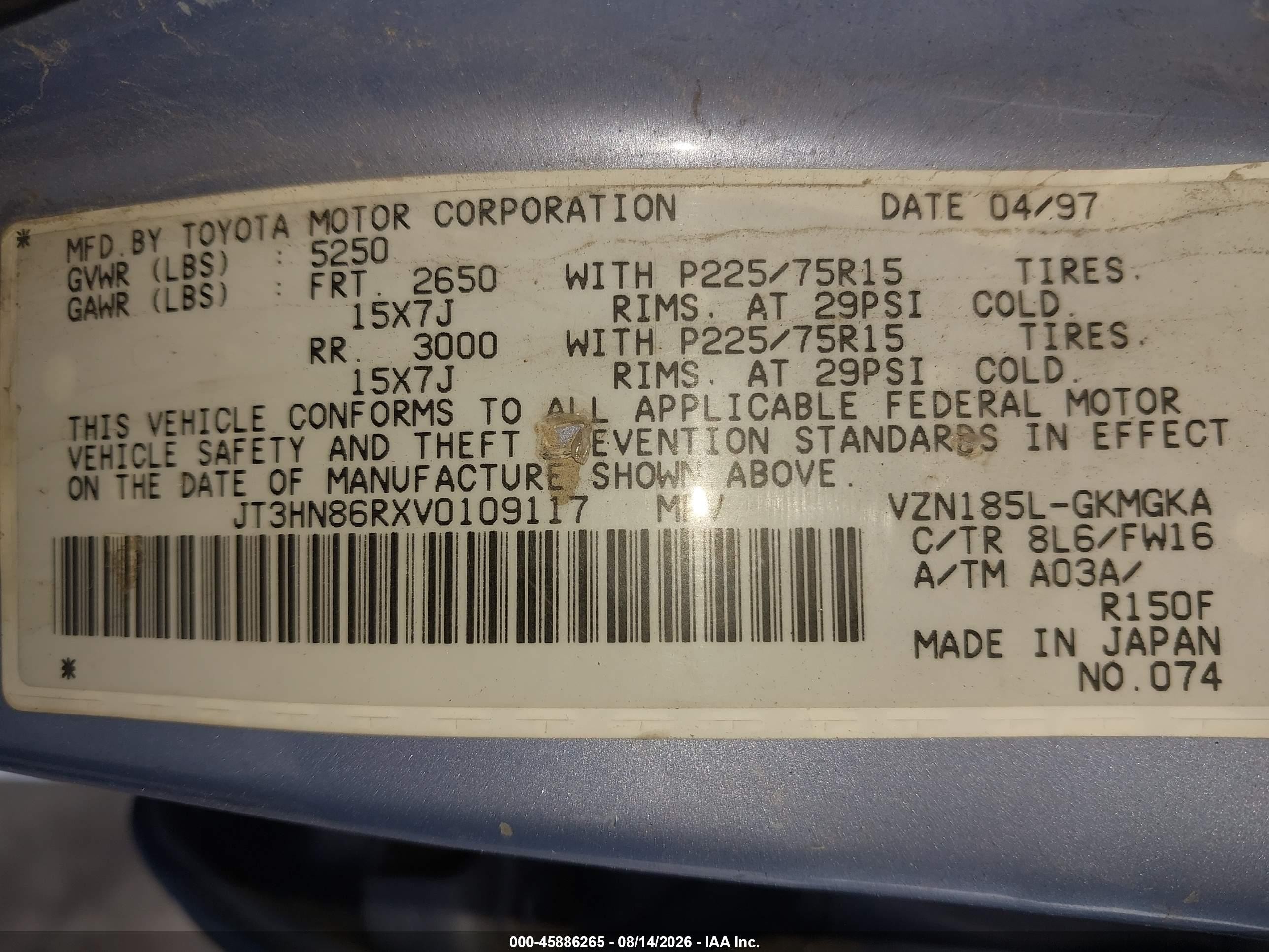 1997 Toyota 4runner Sr5 V6 Blue vin: JT3HN86RXV0109117