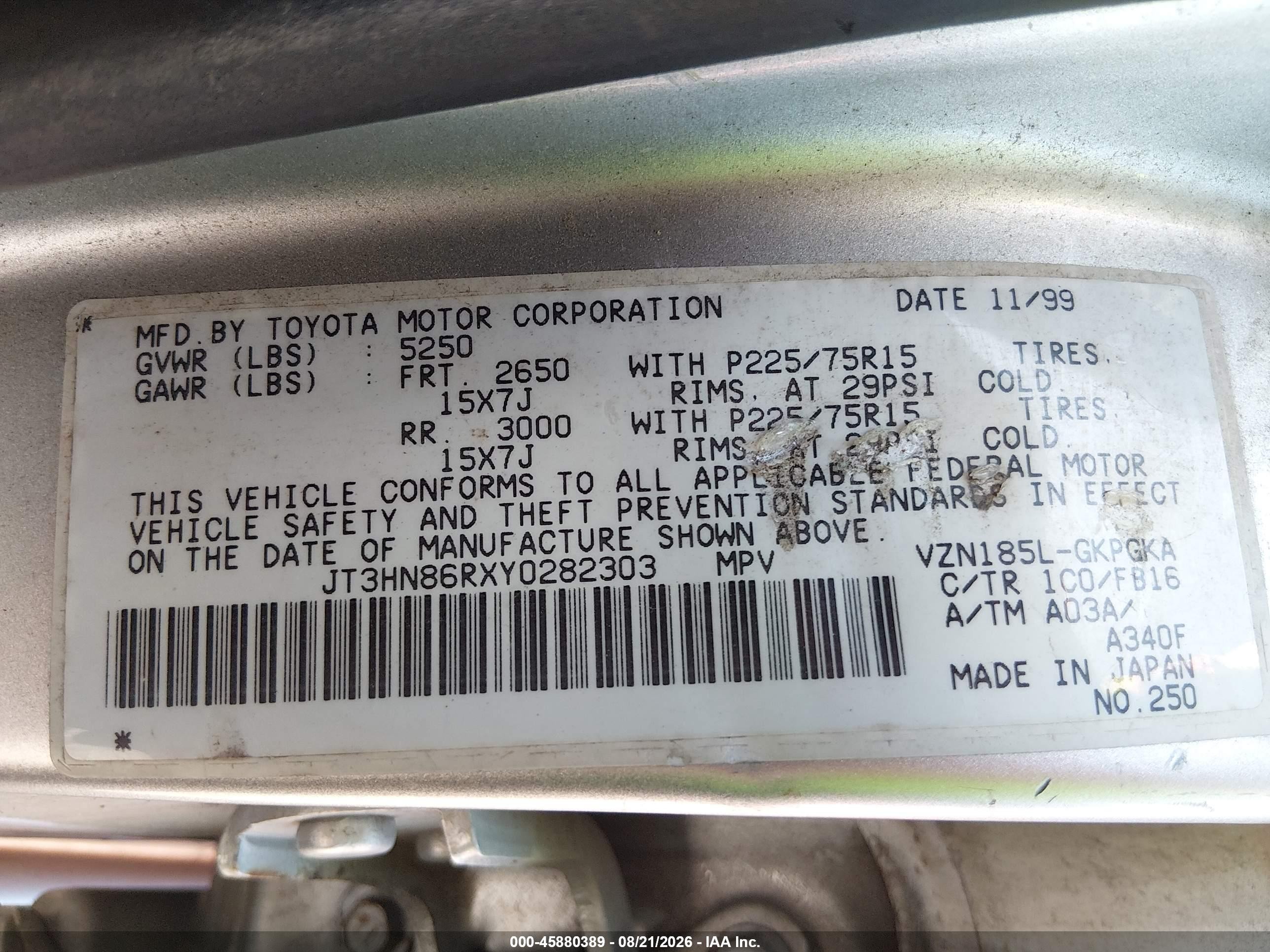 2000 Toyota 4runner Sr5 V6 Silver vin: JT3HN86RXY0282303