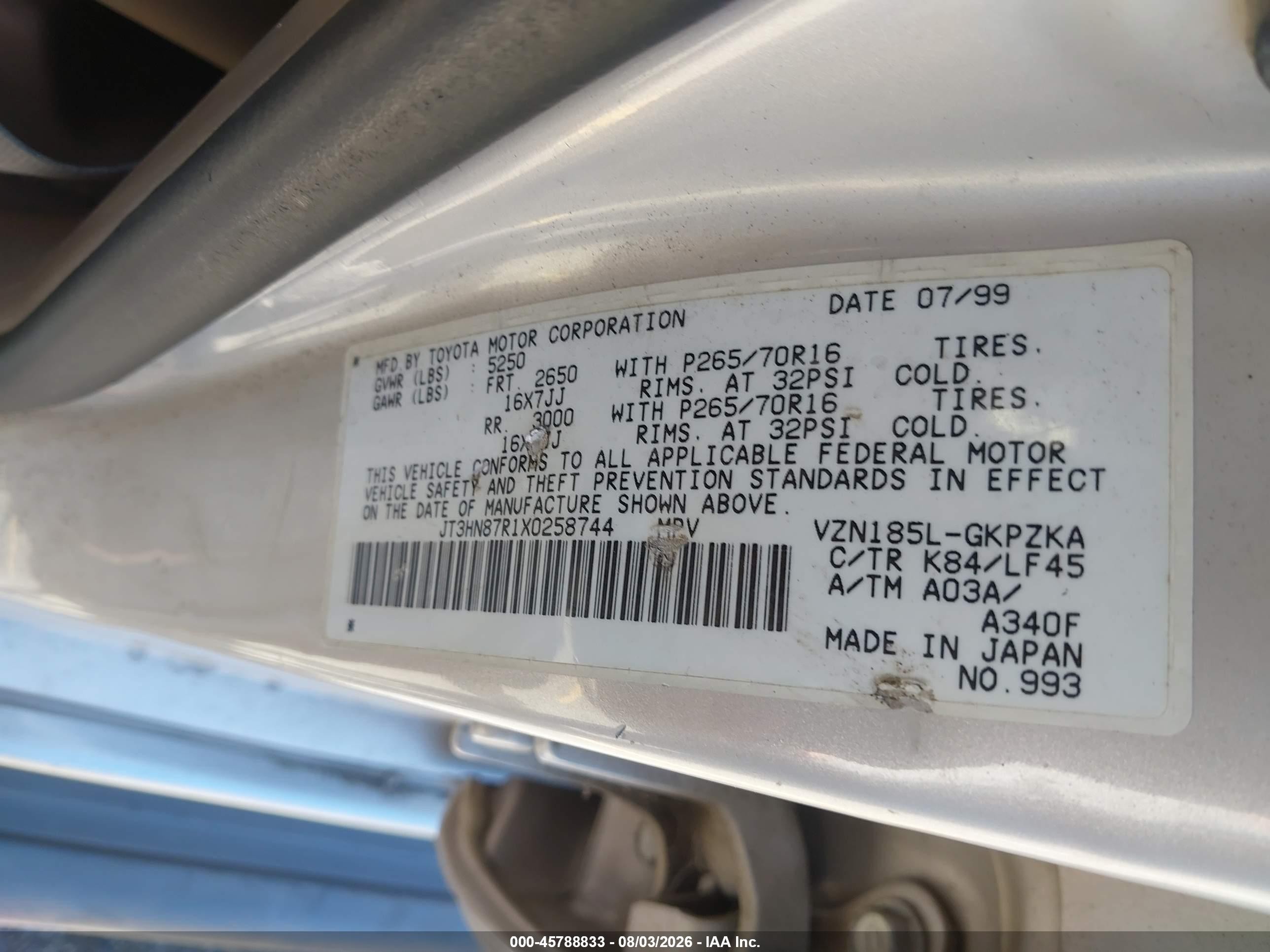 1999 Toyota 4runner Limited V6 Champagne vin: JT3HN87R1X0258744